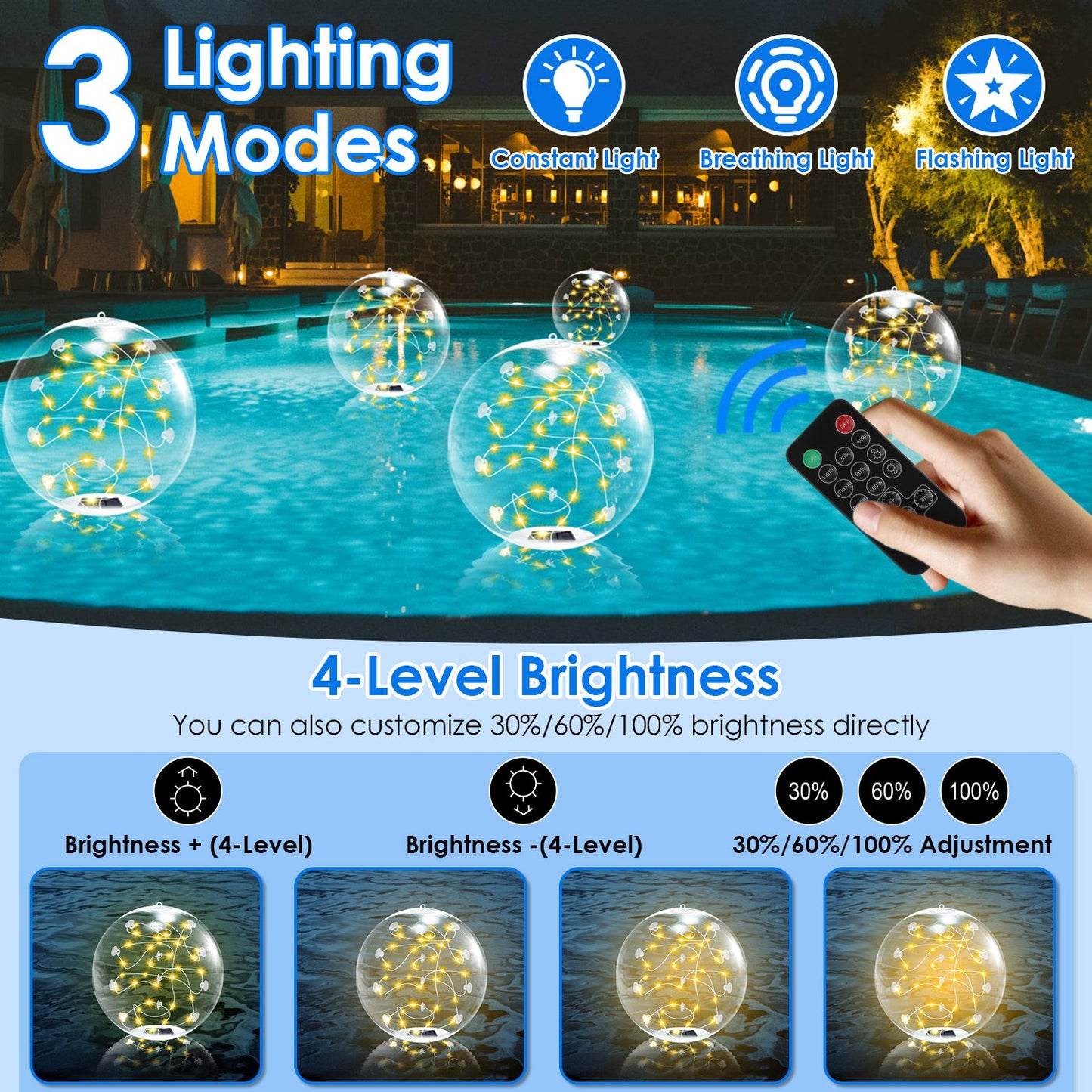 2Pcs Solar Floating Pool Lights Waterproof Inflatables with Remote Control