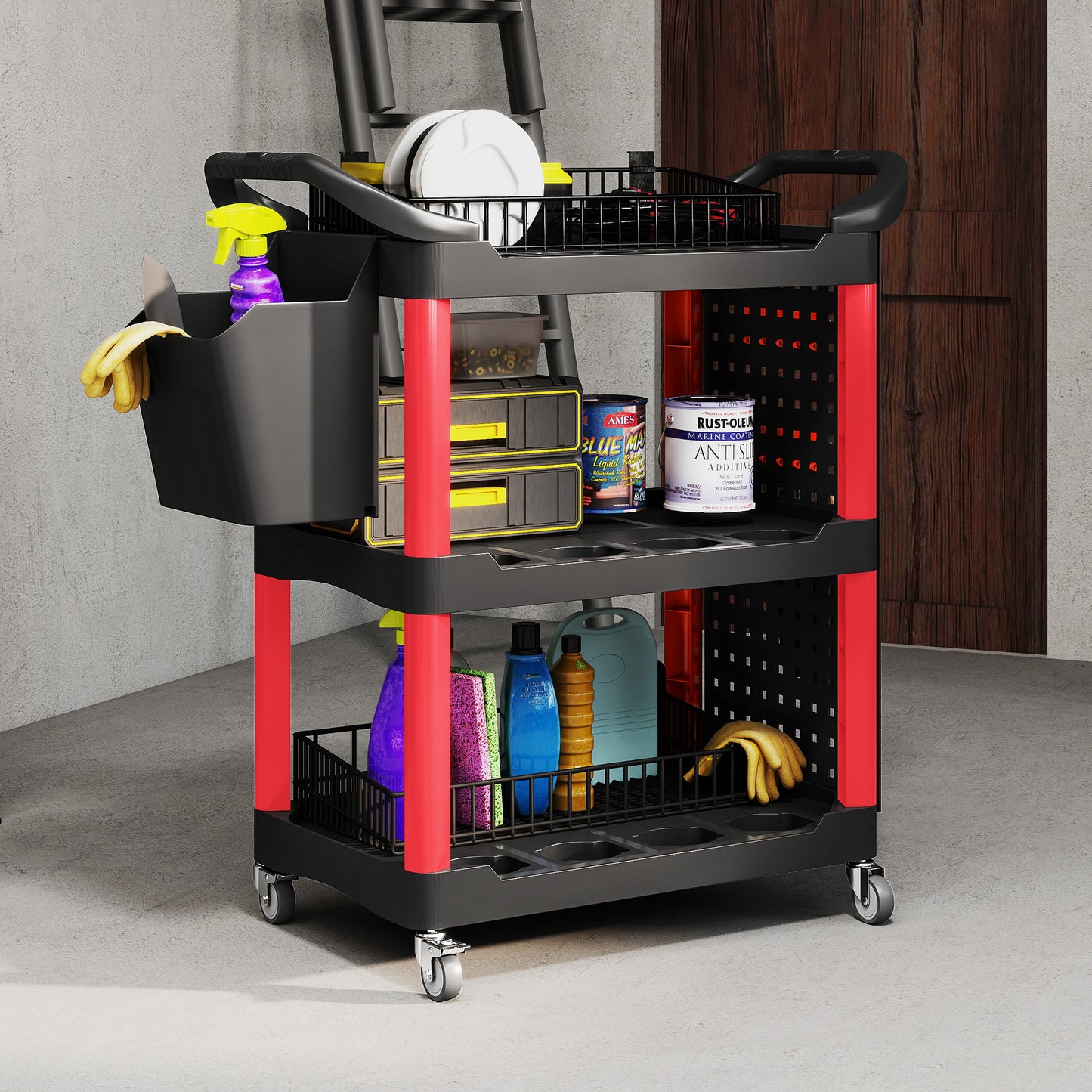 3-Tier Rolling Utility Cart with Side Shelf and Storage Bucket, 200 lbs Capacity, Black & Red