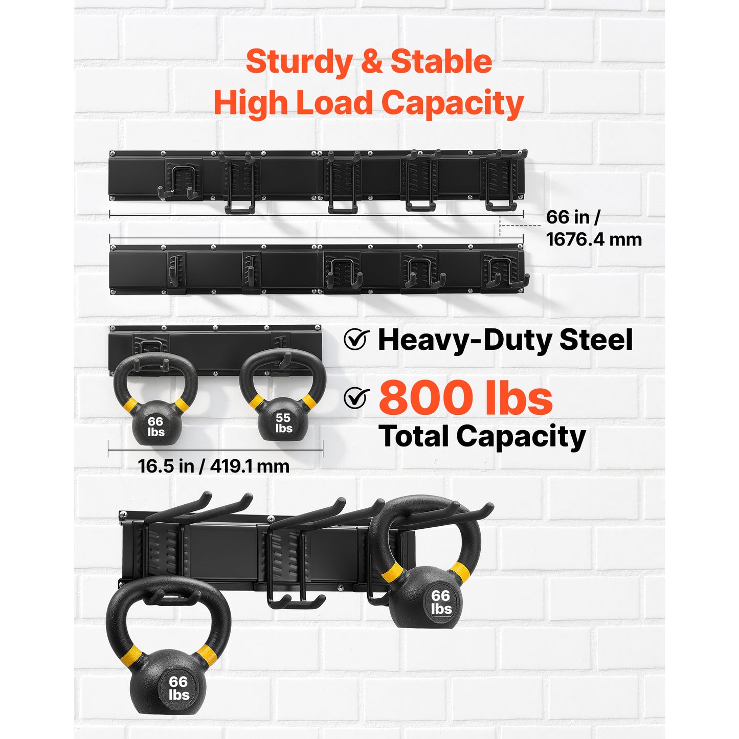 Garage Tool Organizer Wall Mount 66 Inch Heavy Duty Storage Rack with 4 Rails and 10 Hooks