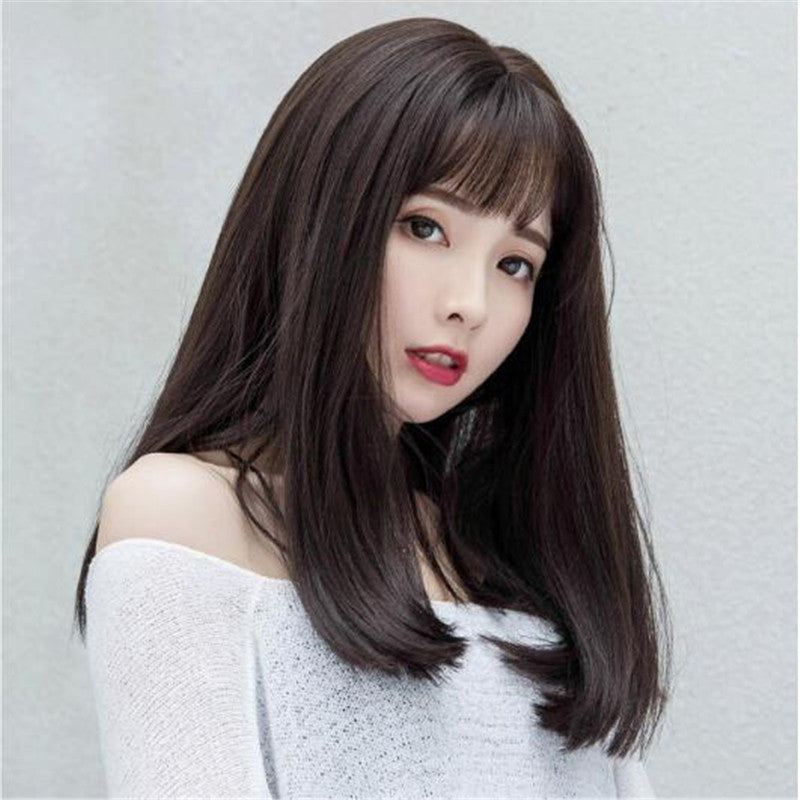 Air Bangs Medium Long Straight Wig | Synthetic Hair