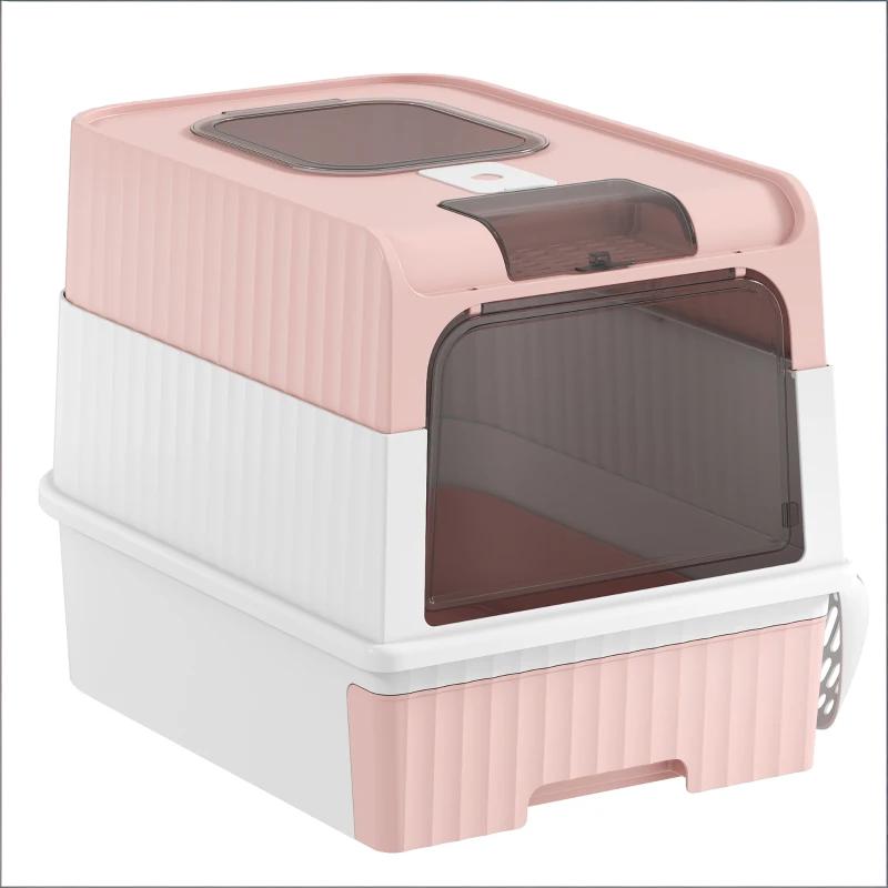 Compact Fully Enclosed Cat Litter Box - Pink & White