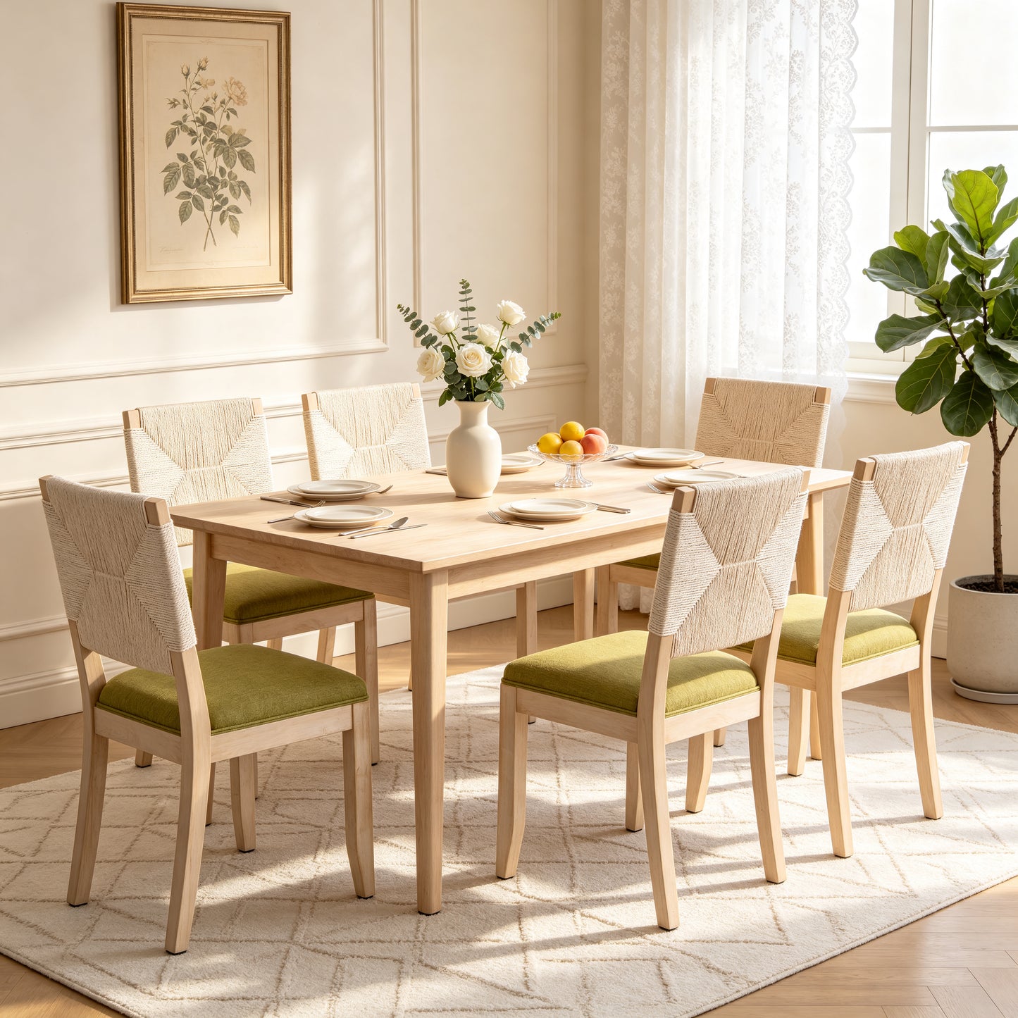 Olive Green Dining Chairs Set of 2 - Woven Back & Linen Seat