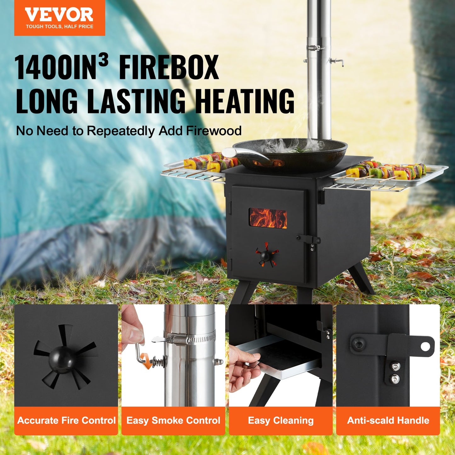 Portable Wood Stove 86 Inch Alloy Steel Camping Tent Heater with Chimney & Gloves
