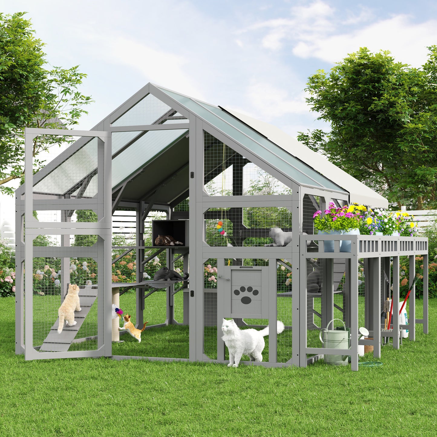 Large Outdoor Cat House With Planter Stand, Wooden Enclosure Resting