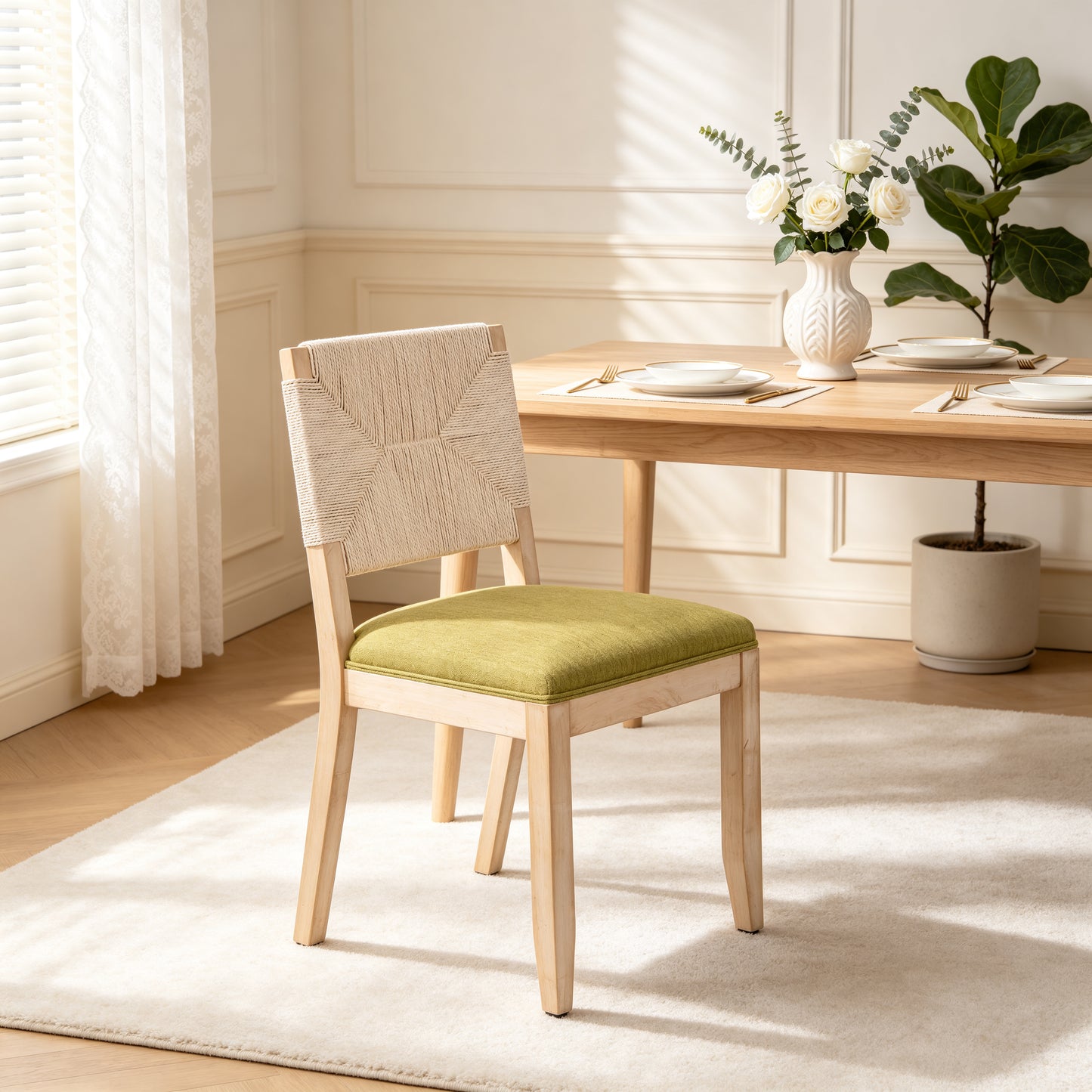 Olive Green Dining Chairs Set of 2 - Woven Back & Linen Seat