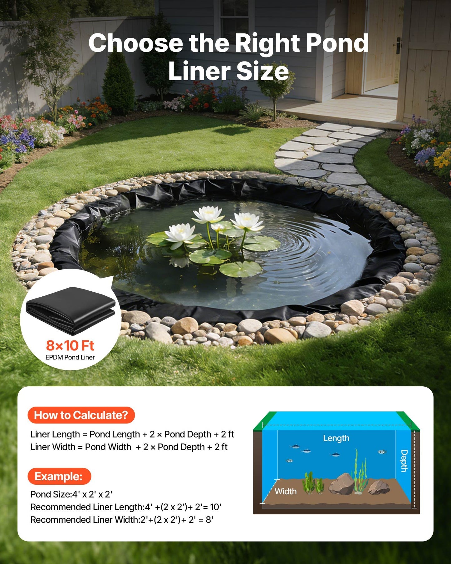 8x10 Ft Pond Liner - 45 Mil EPDM Rubber Waterproof Fish Pond Liner