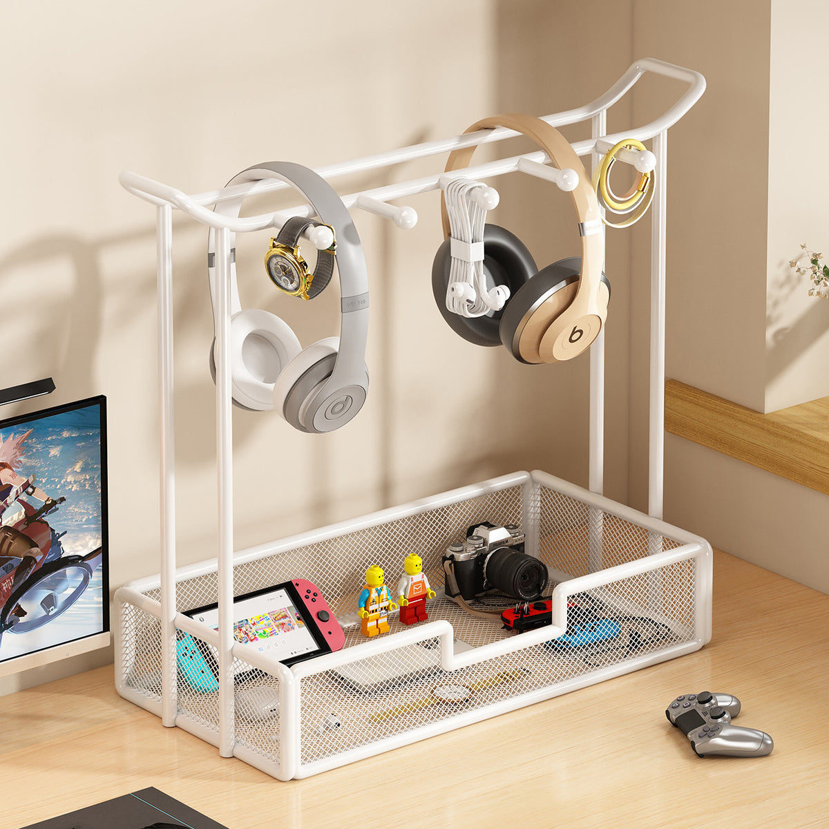 Over-Ear Headphone Stand with Multiple Tiers and Hooks - Modern Iron Storage Organizer