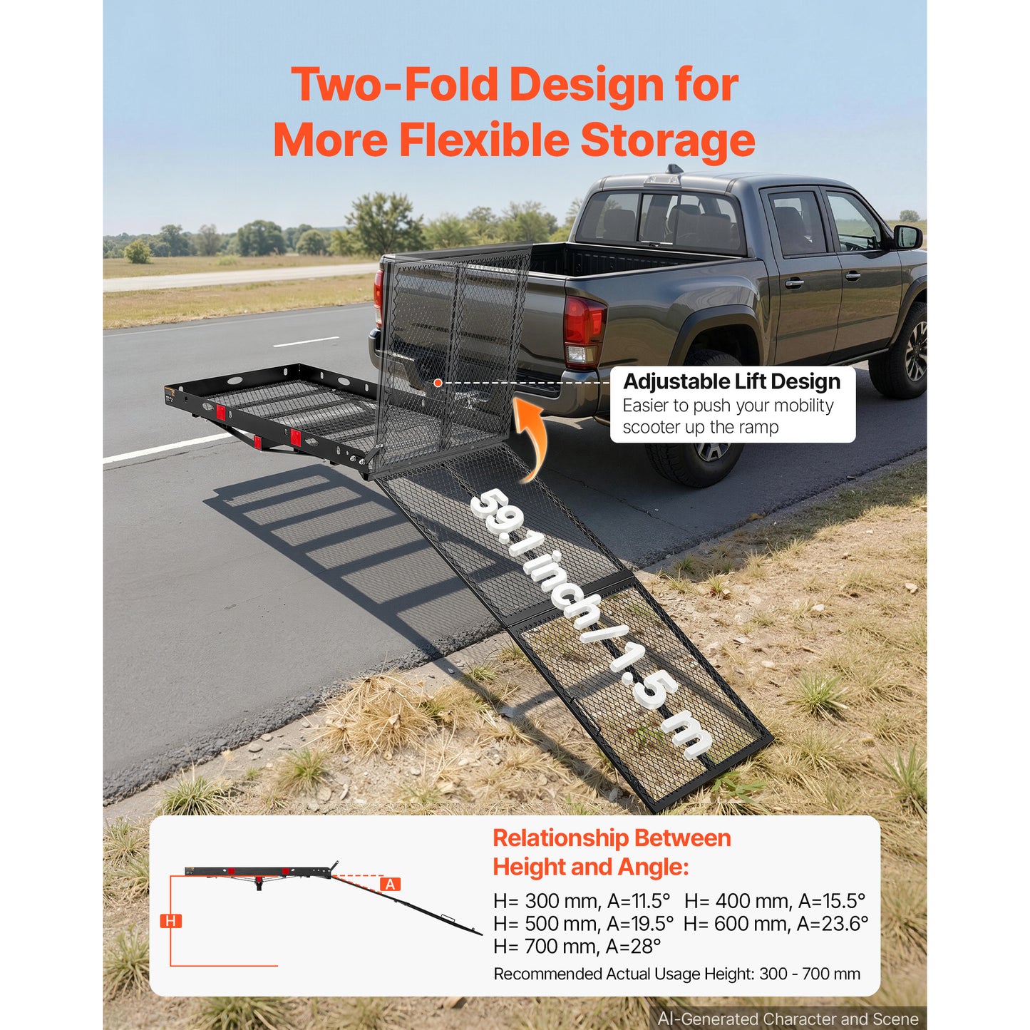 Wheelchair Carrier Hitch Mount 500LBS Steel Cargo Rack with Ramp & Stabilizer