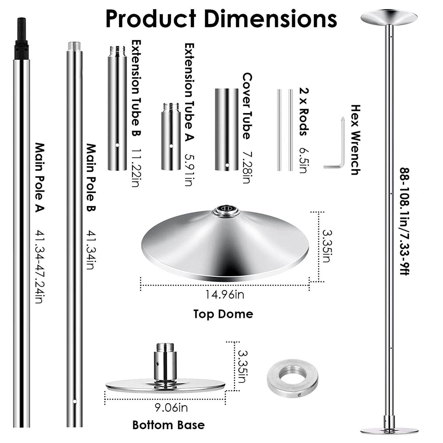 Adjustable Dance Pole - 45mm Spinning & Static Modes, 88-108.1in Height, 551lbs Capacity