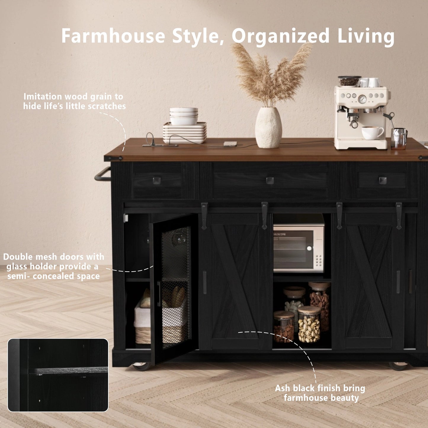 Farmhouse Kitchen Island with Storage & Rolling Wheels - Black