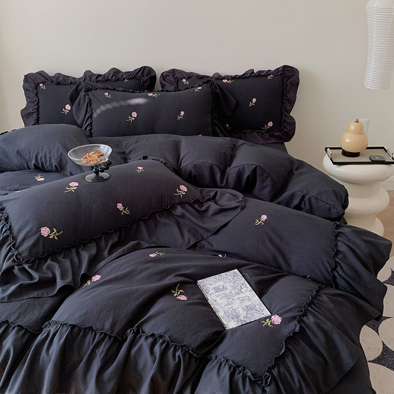 Embroidery Bedding Set with Washed Cotton and Brushed Hair - Four Piece Bed Linen