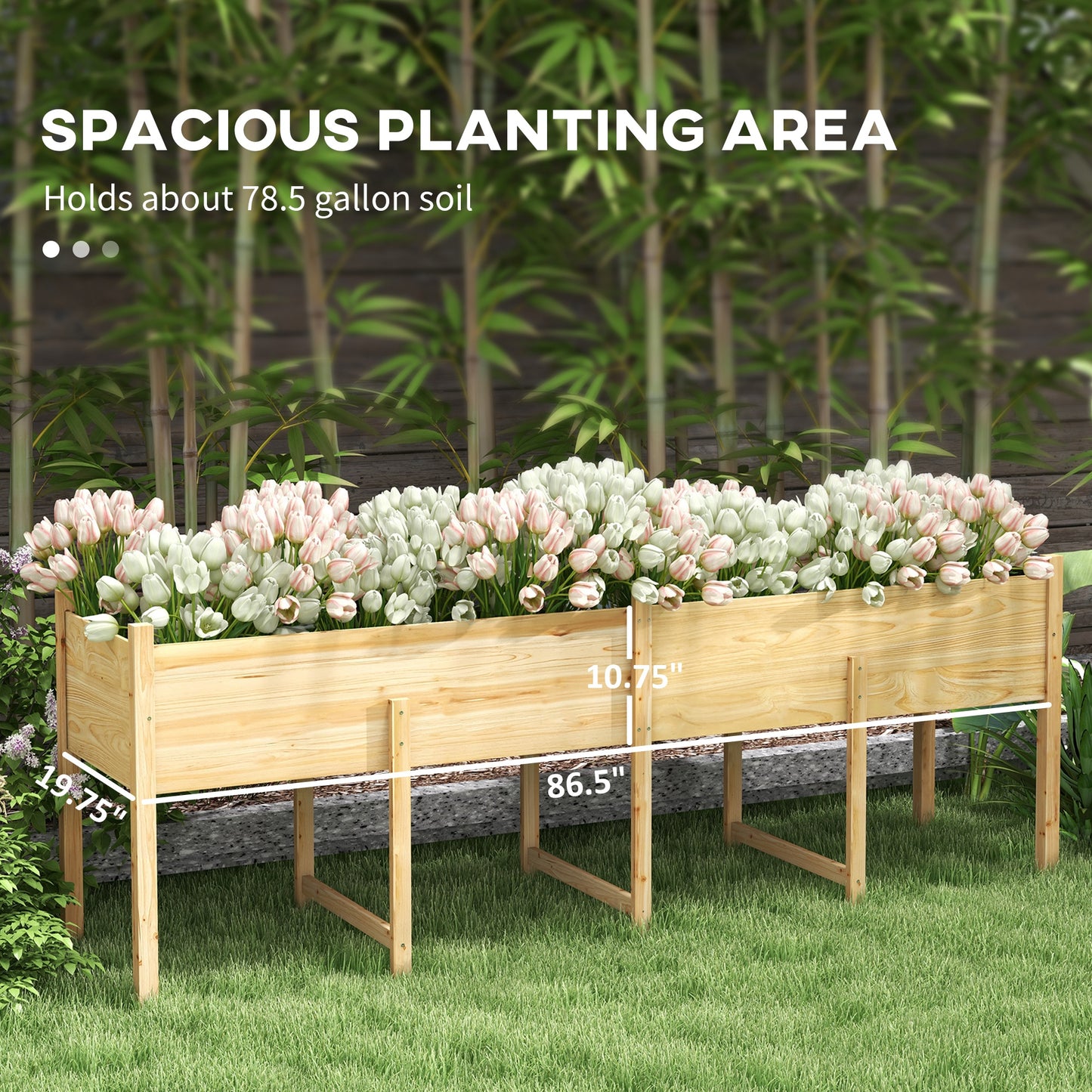 Large Wooden Raised Garden Bed with Legs, Drain Holes & Liner - Natural Finish