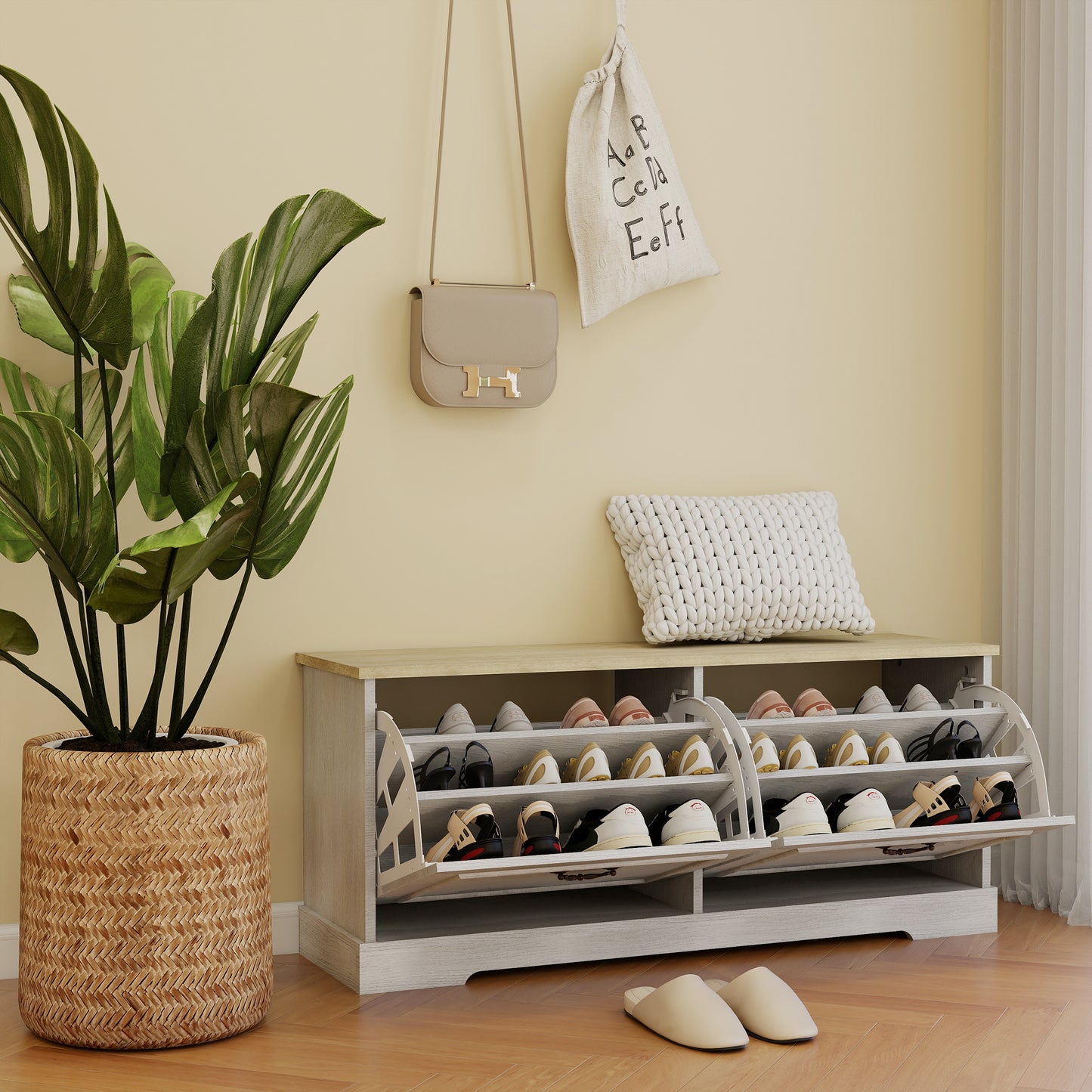 Shoe Storage Bench with 2 Flip Drawers & Adjustable Shelf - Antique White
