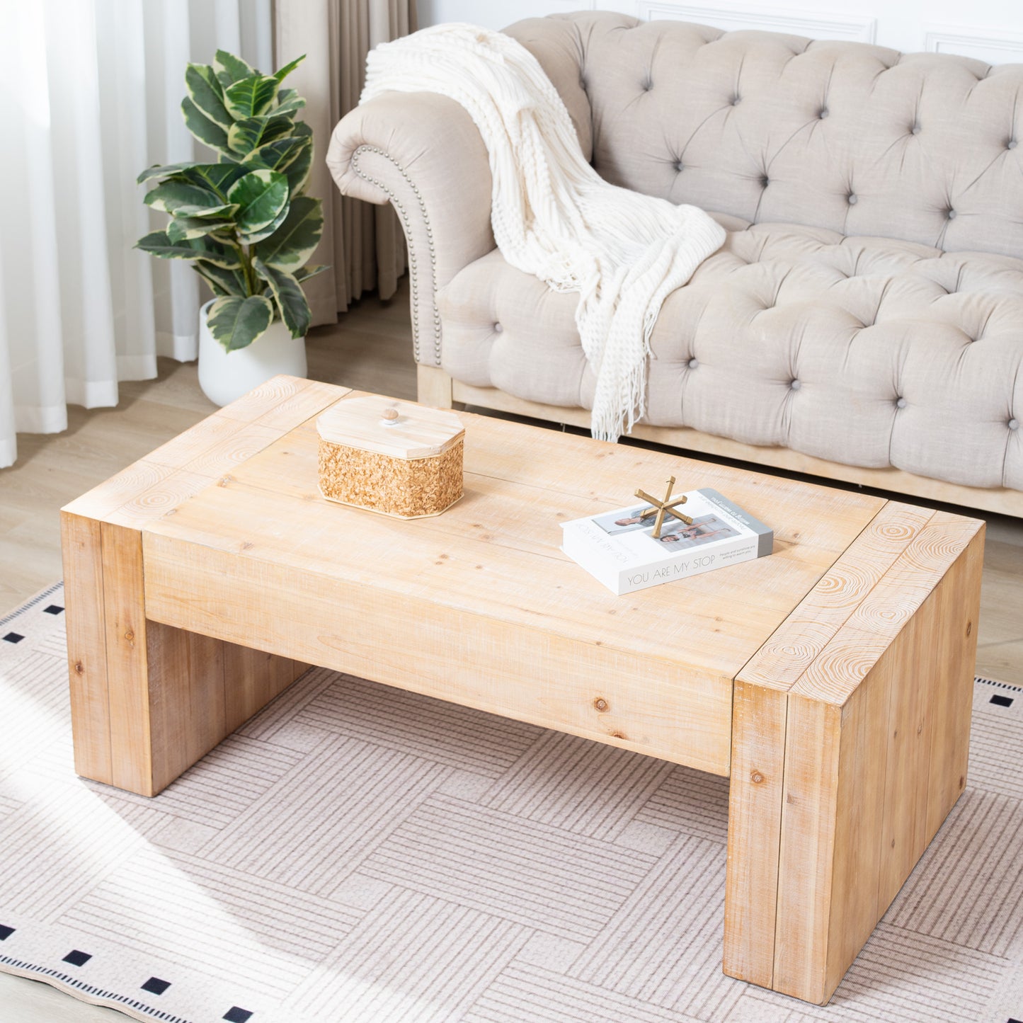 49" Rustic Wood Coffee Table - Engineered Wood with Whitewashed Finish