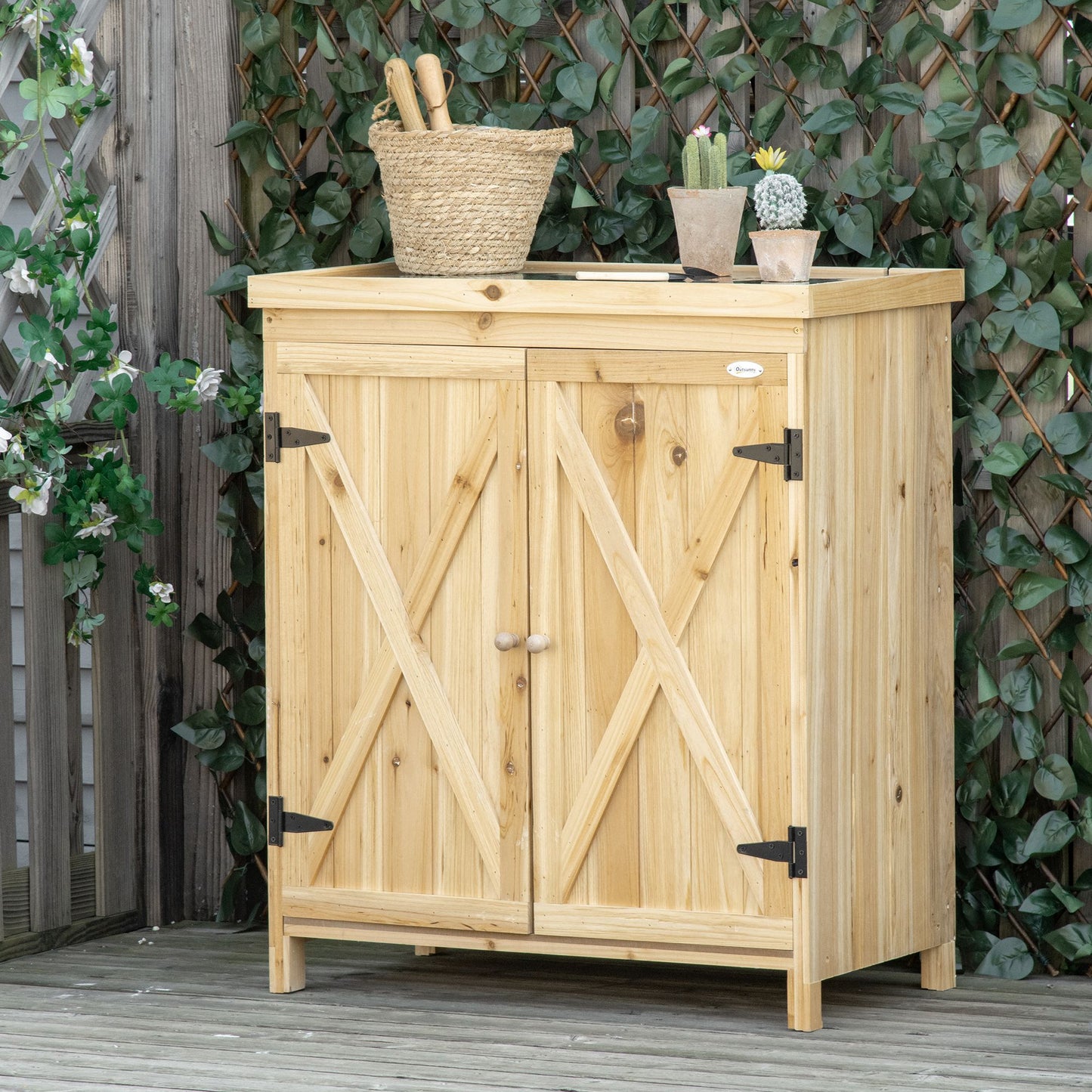 Outdoor Garden Storage Cabinet with Galvanized Steel Top - Natural Wood, 970x510x260 mm