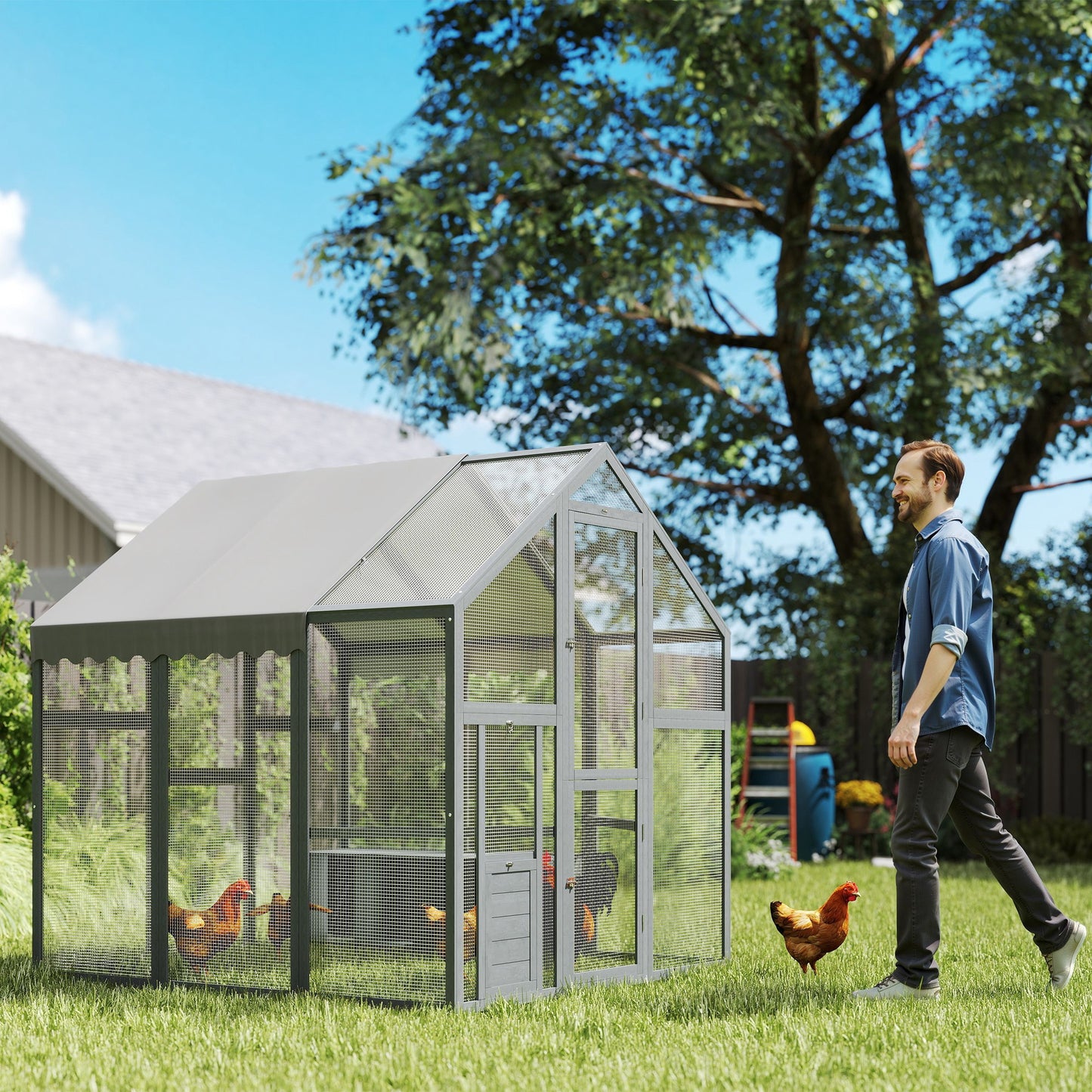 Large Wooden Chicken Run with Waterproof UV Cover for 6-8 Chickens - Backyard Farm Coop 5.5x6x6 ft