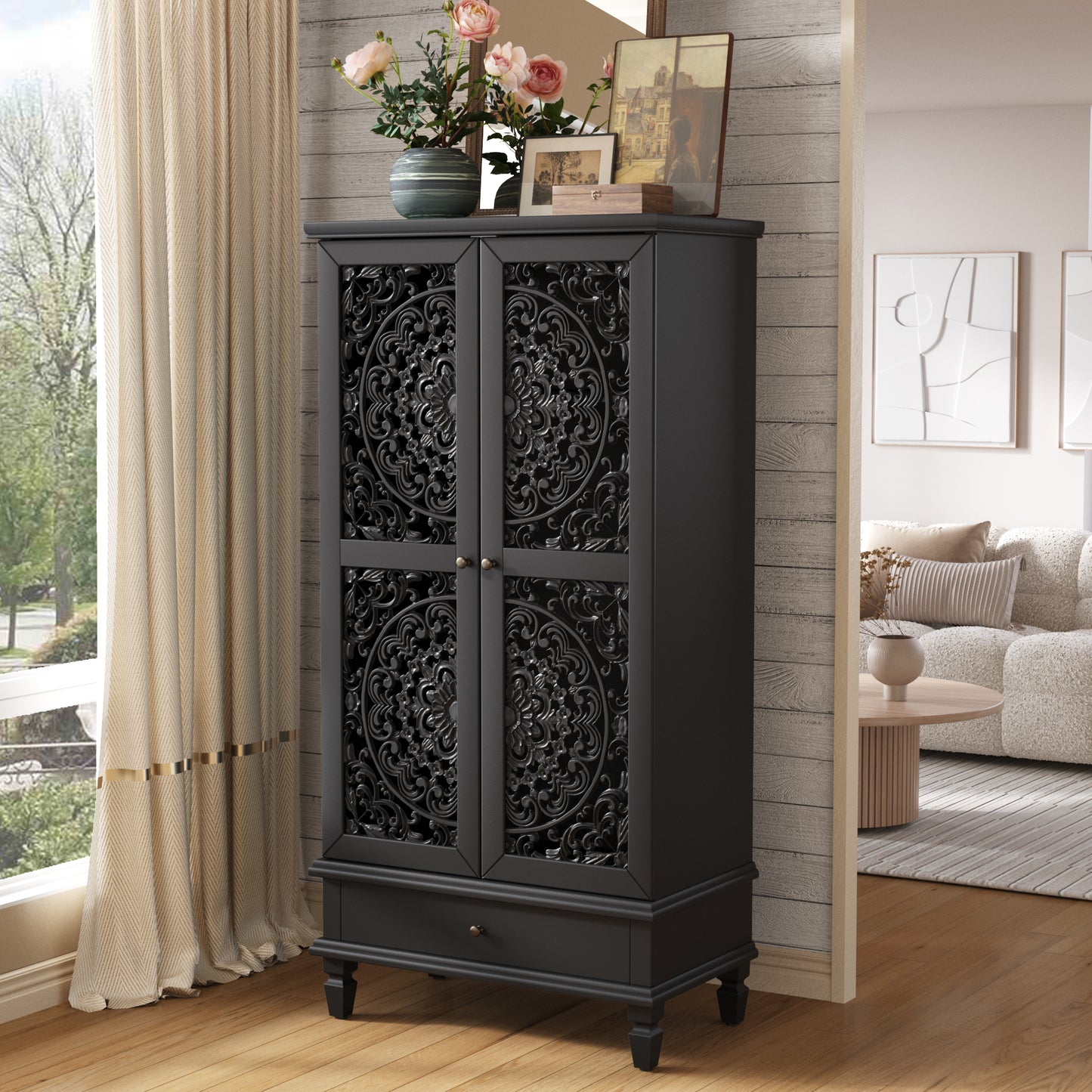 Rustic 55" Tall Storage Cabinet with Drawer - Black Accent Cabinet