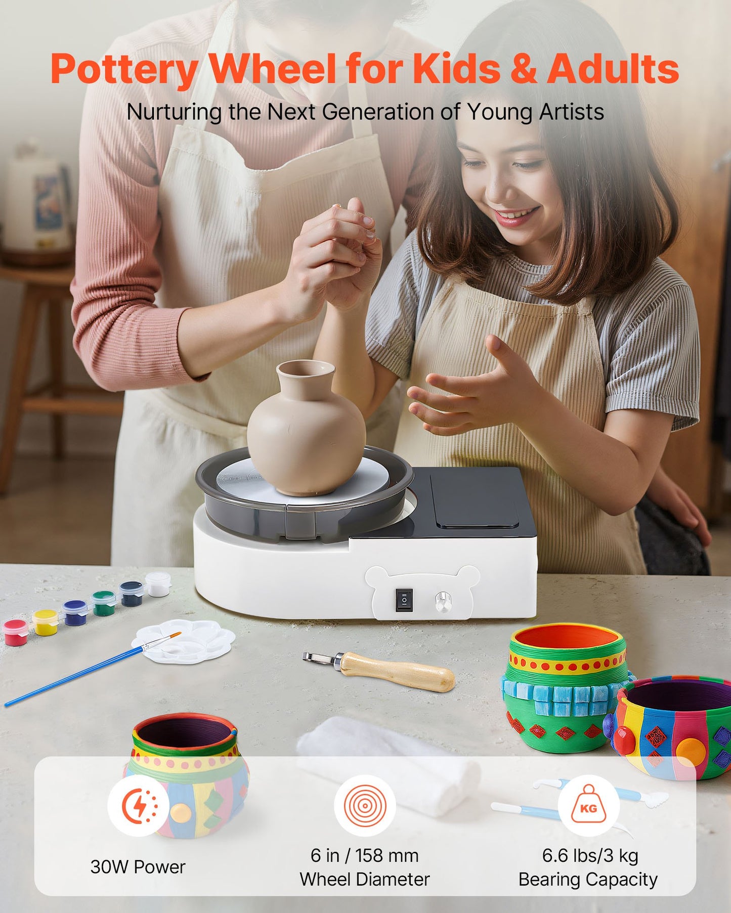 Mini Pottery Wheel with 6-Inch Turntable & Adjustable Speed for Kids & Adults