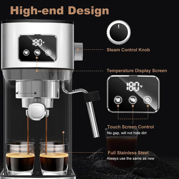 Espresso Machine with Milk Frother - Compact Stainless Steel Coffee Maker