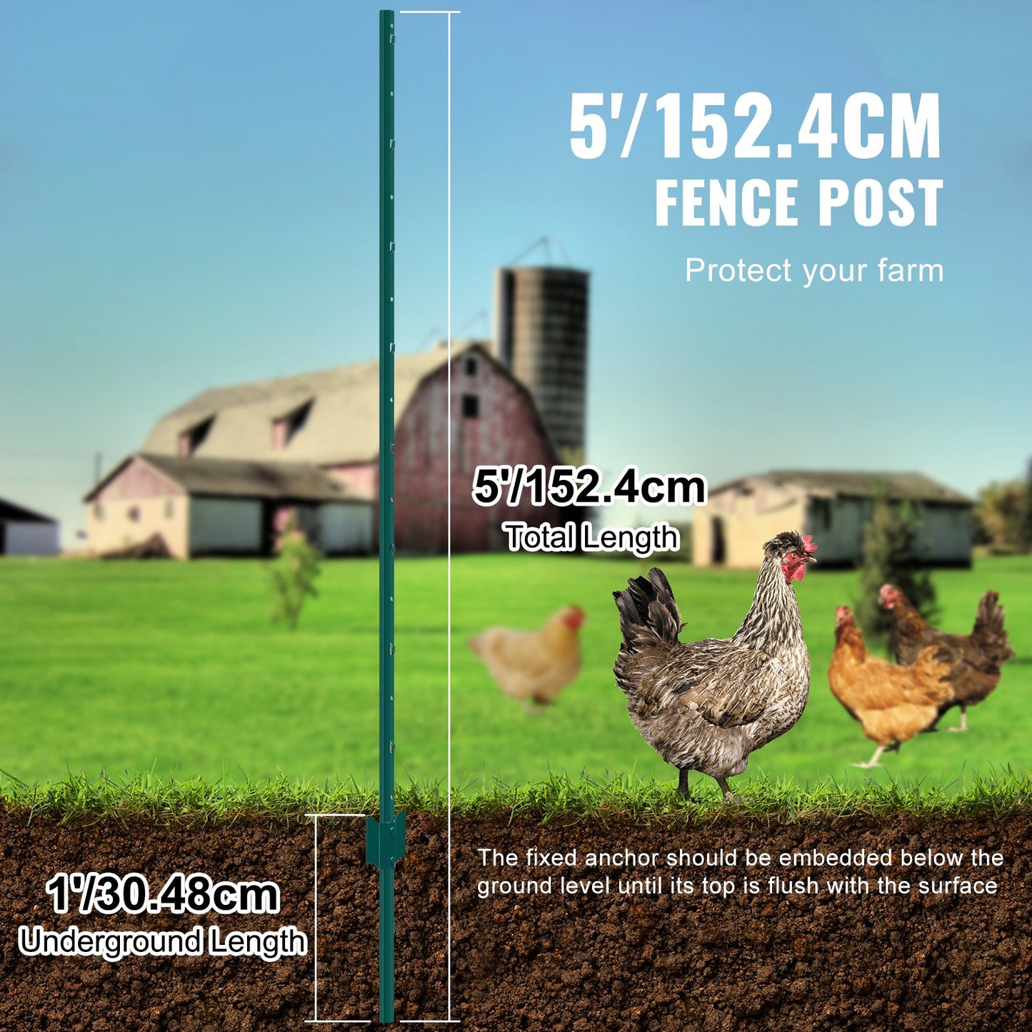 Heavy Duty Green Metal Fence Posts 5 Feet, 10 Pack for Garden Fencing
