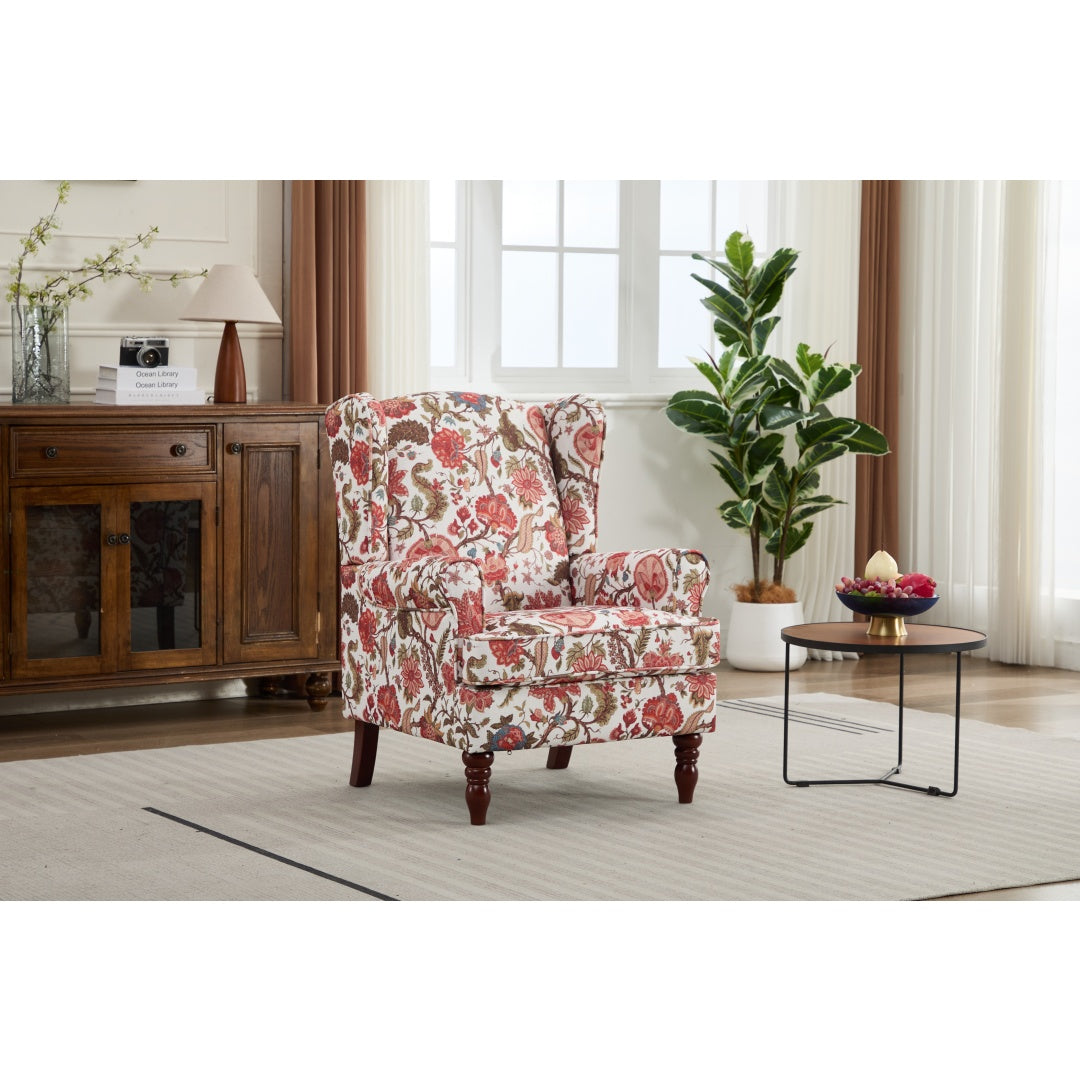 Floral Accent Chair with Retro Wood Legs - Bean Paste Red