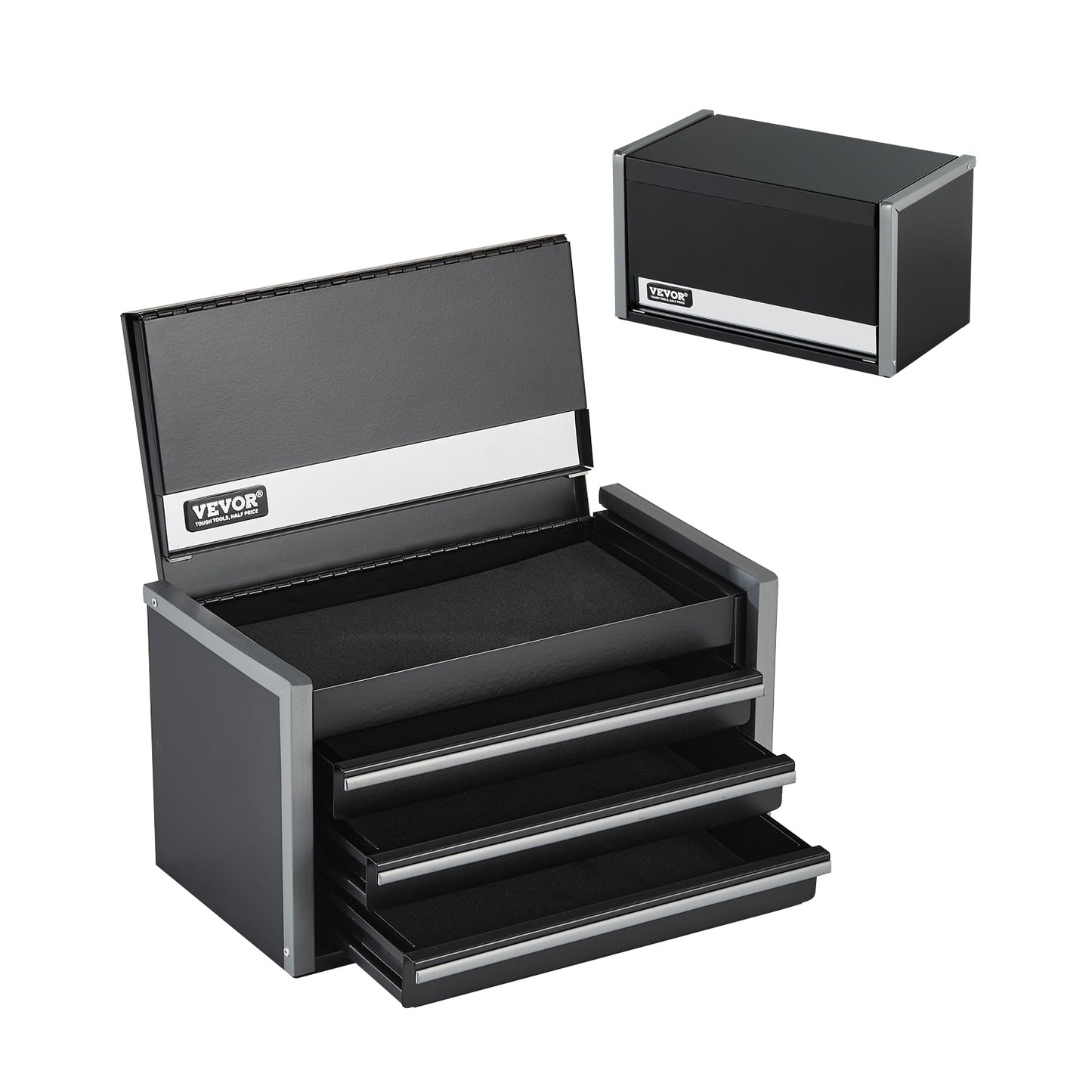 8.6-Inch Portable Metal Toolbox with 3 Drawers, Tool Organizer, Black