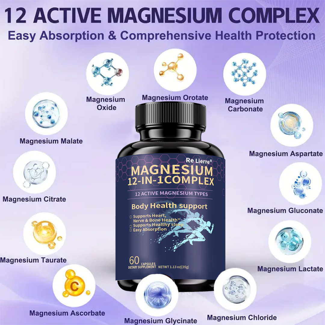 12-in-1 Magnesium Glycinate Complex - 700mg High Absorption Supplement - 60 Capsules