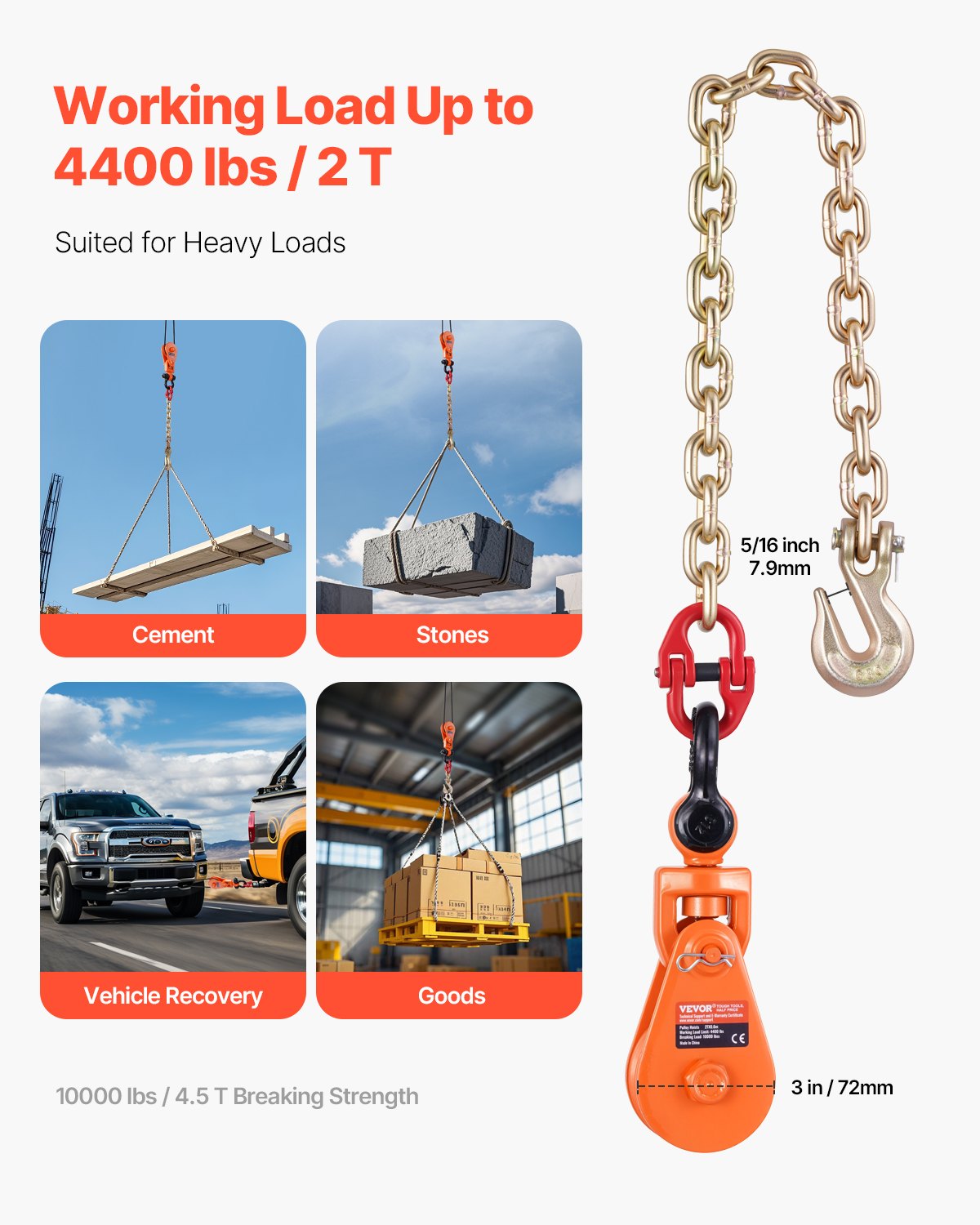 Heavy Duty Snatch Block Pulley 2 Ton with Chain for Towing & Lifting - Blue