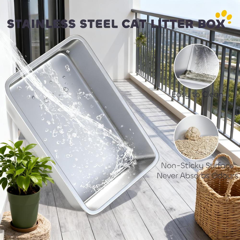 Stainless Steel Cat Litter Box with Scoop and Filter - Large, Odor-Resistant