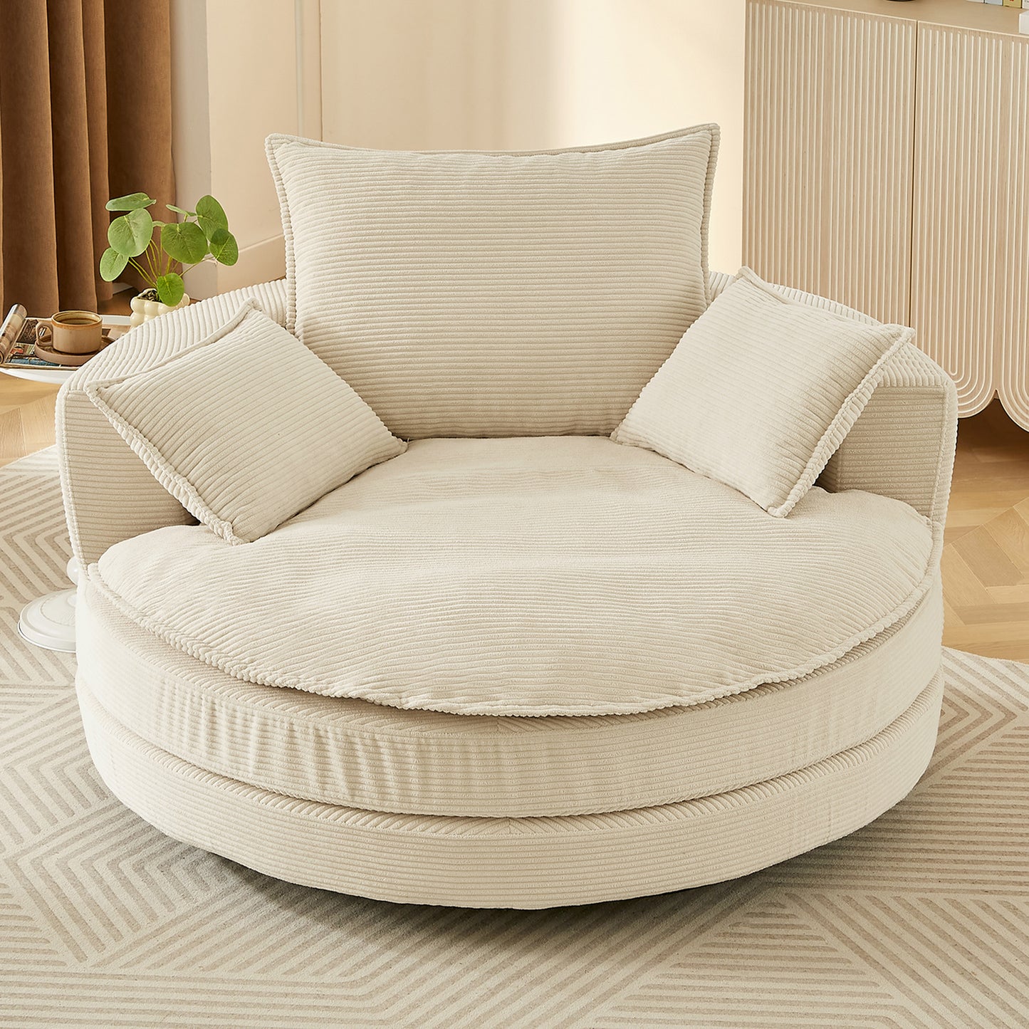 Oversized 360° Swivel Accent Chair with Dual-Layer Cushion - Beige