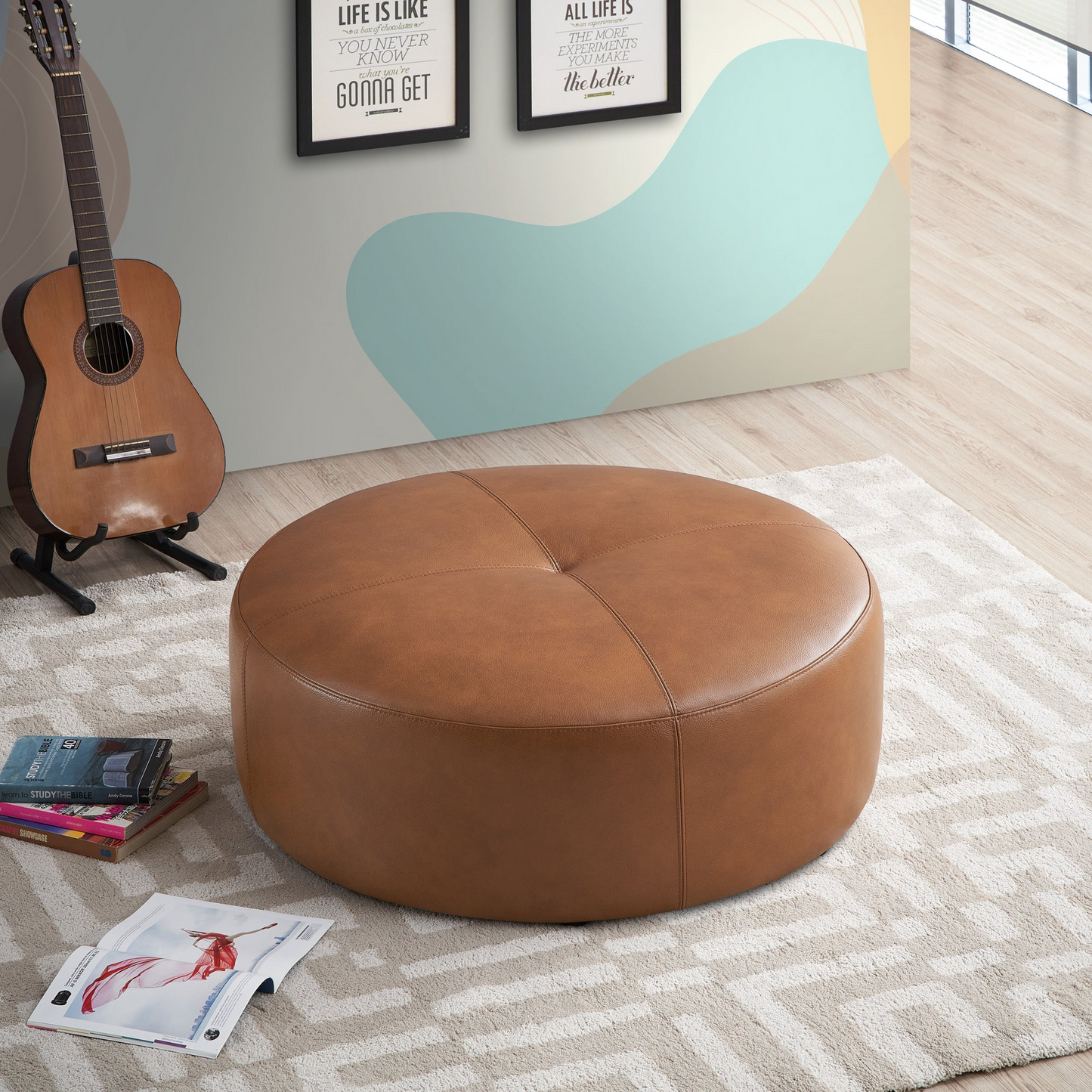 Rochelin Tan Leather Ottoman 36 Floor Footrest Cushion