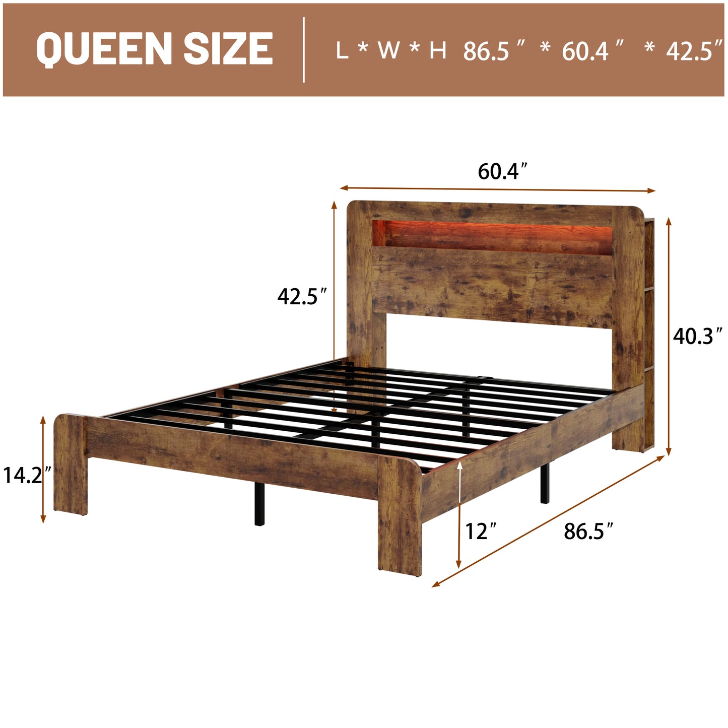 Queen Wood Bed Frame with LED Headboard, USB Ports & Storage