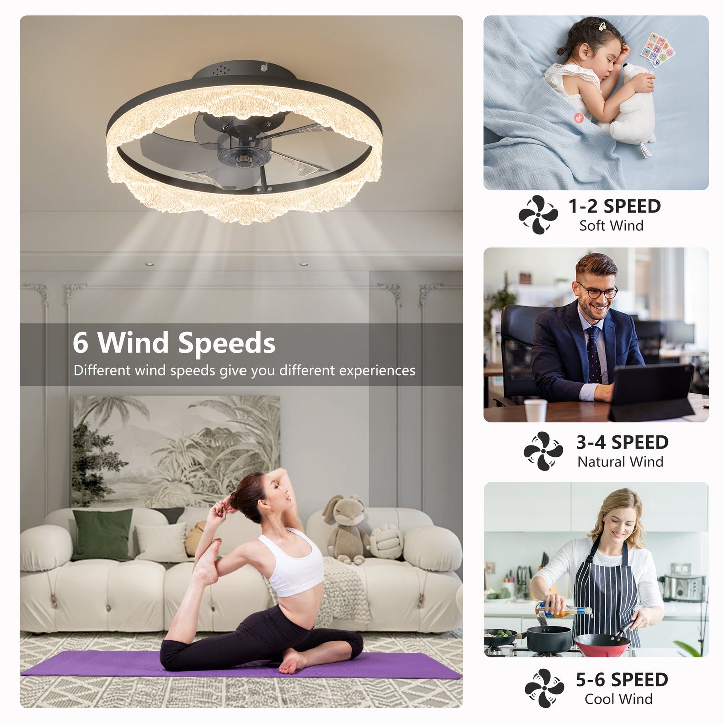 Modern LED Ceiling Fan Light with Crystal Acrylic Ring - Black