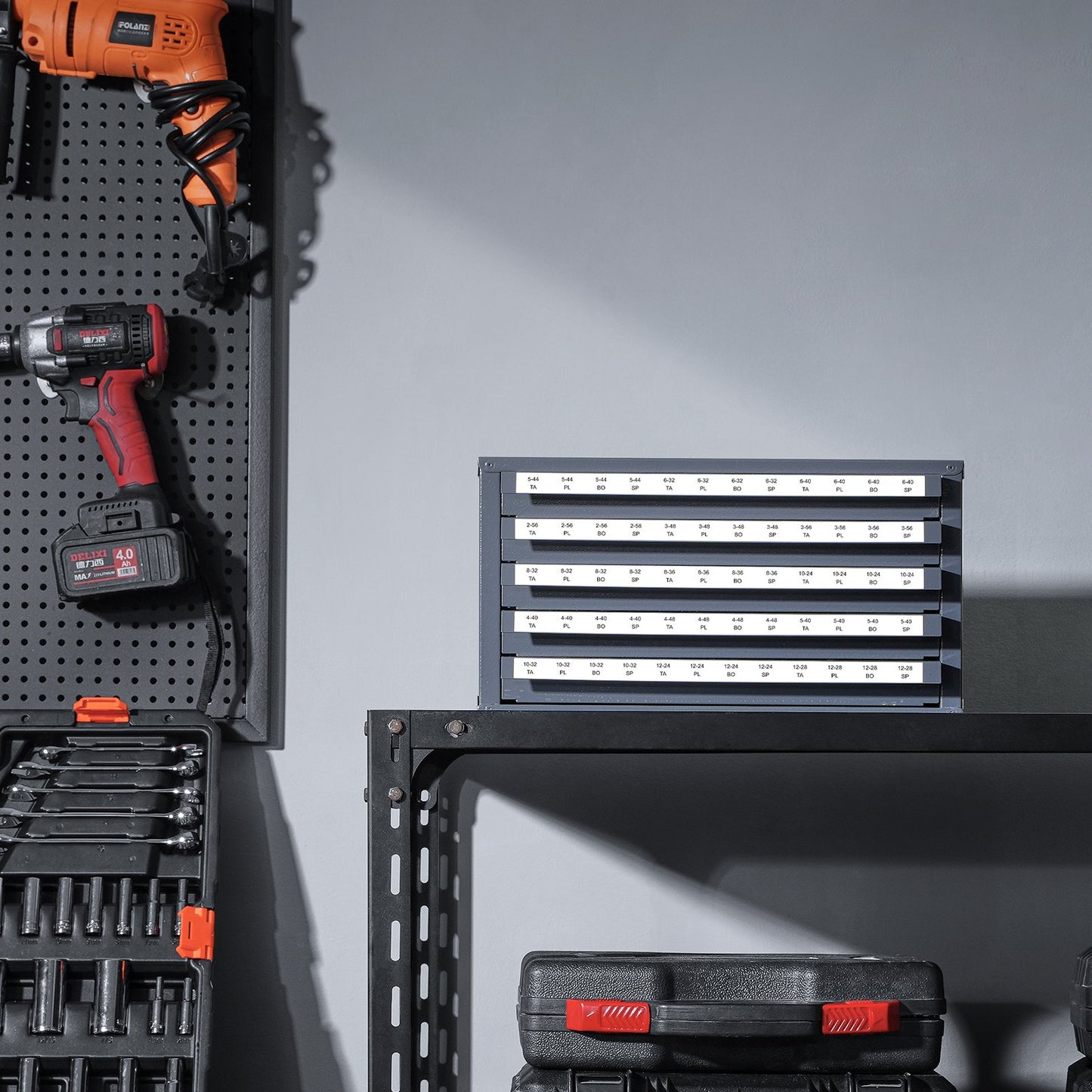 Grey Tap Dispenser Organizer Cabinet with 60 Compartments for Power Tools