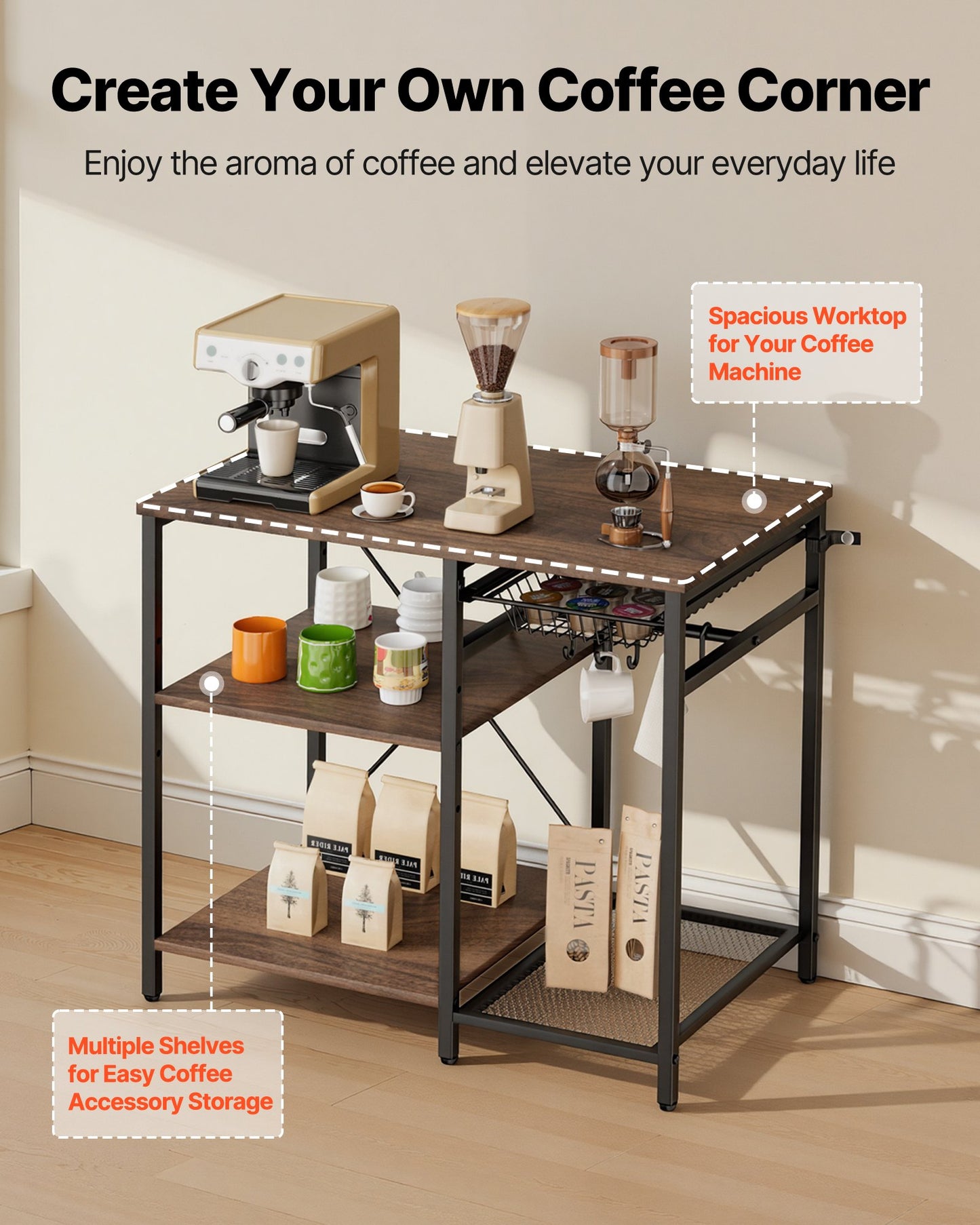 Black Kitchen Bakers Rack with Multi-Layer Storage and Hooks - 35.4 Inch Wide