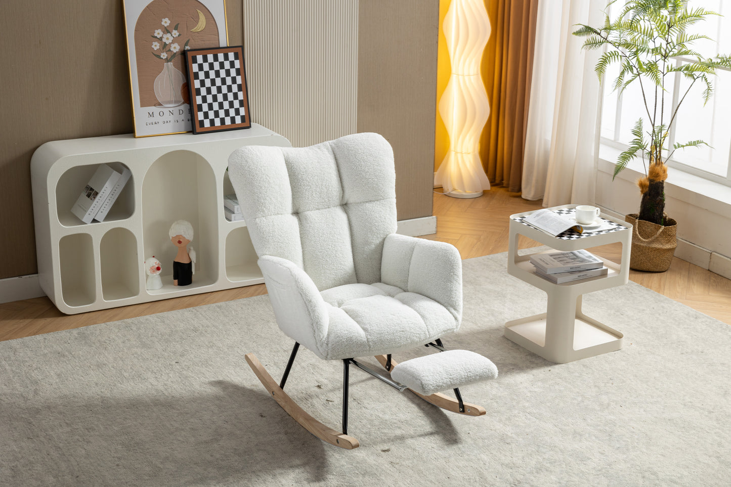 Teddy Fabric Nursery Rocking Chair with Adjustable Footstool - Ivory