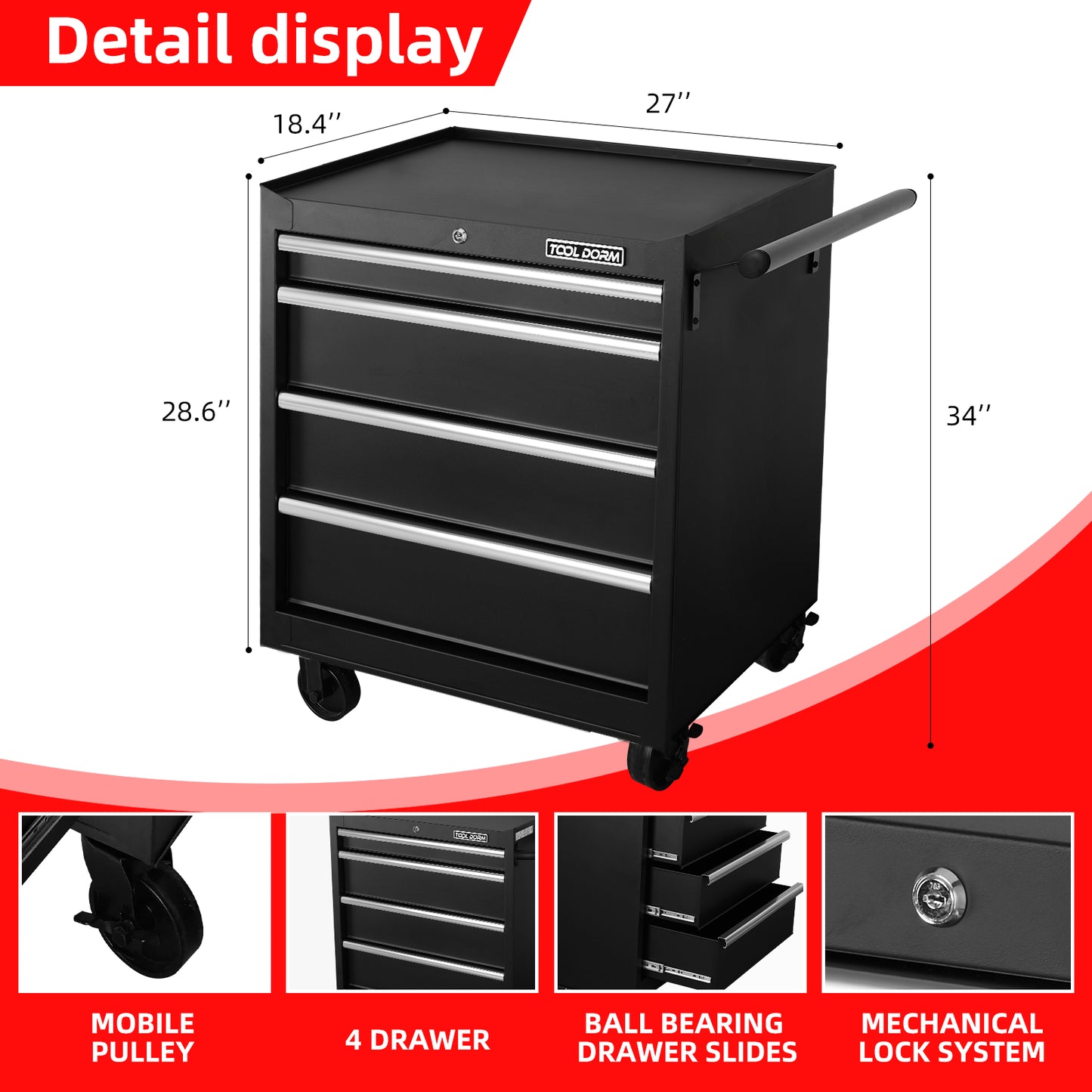 27-Inch Metal Tool Storage Cabinet with 4 Drawers and Wheels, Garage Workshop Organizer