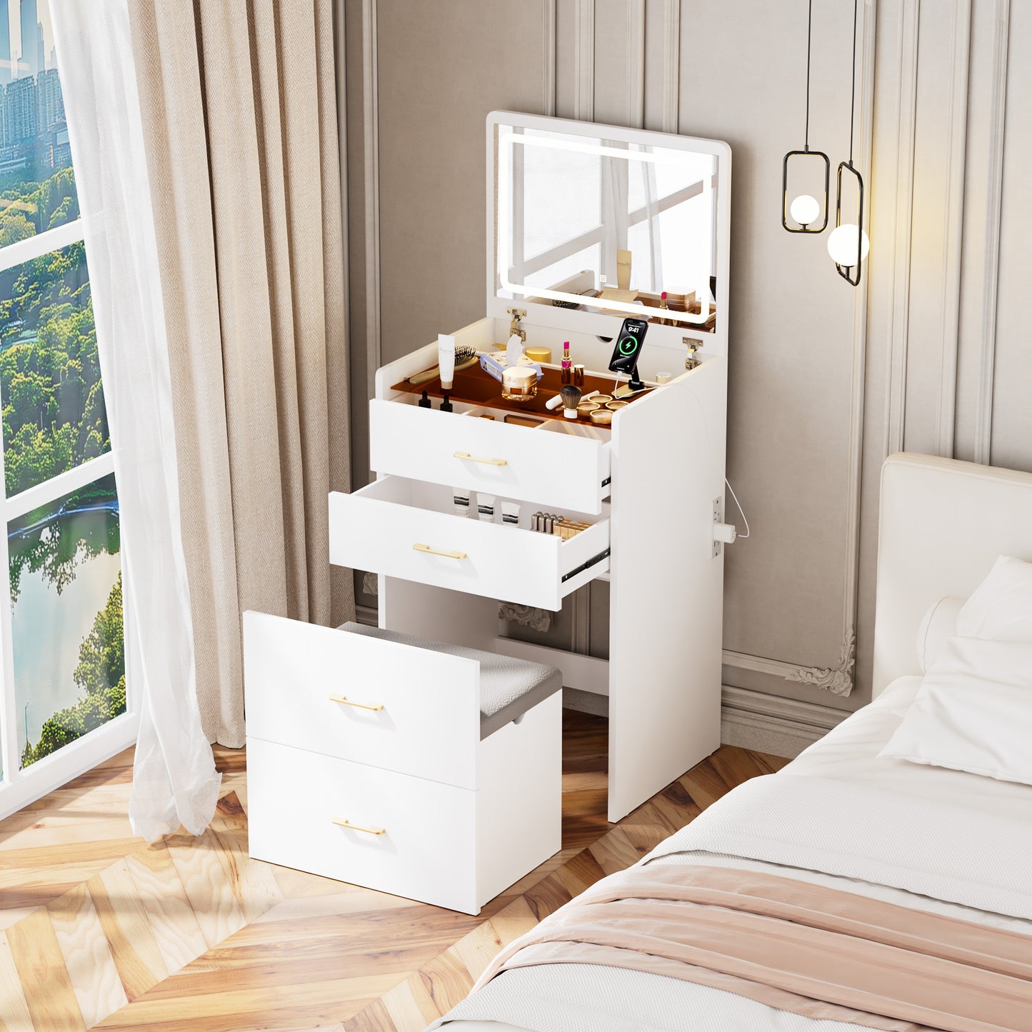 3 In 1 Vanity Desk With Open Top Mirror,Make Up Set Visible Glass