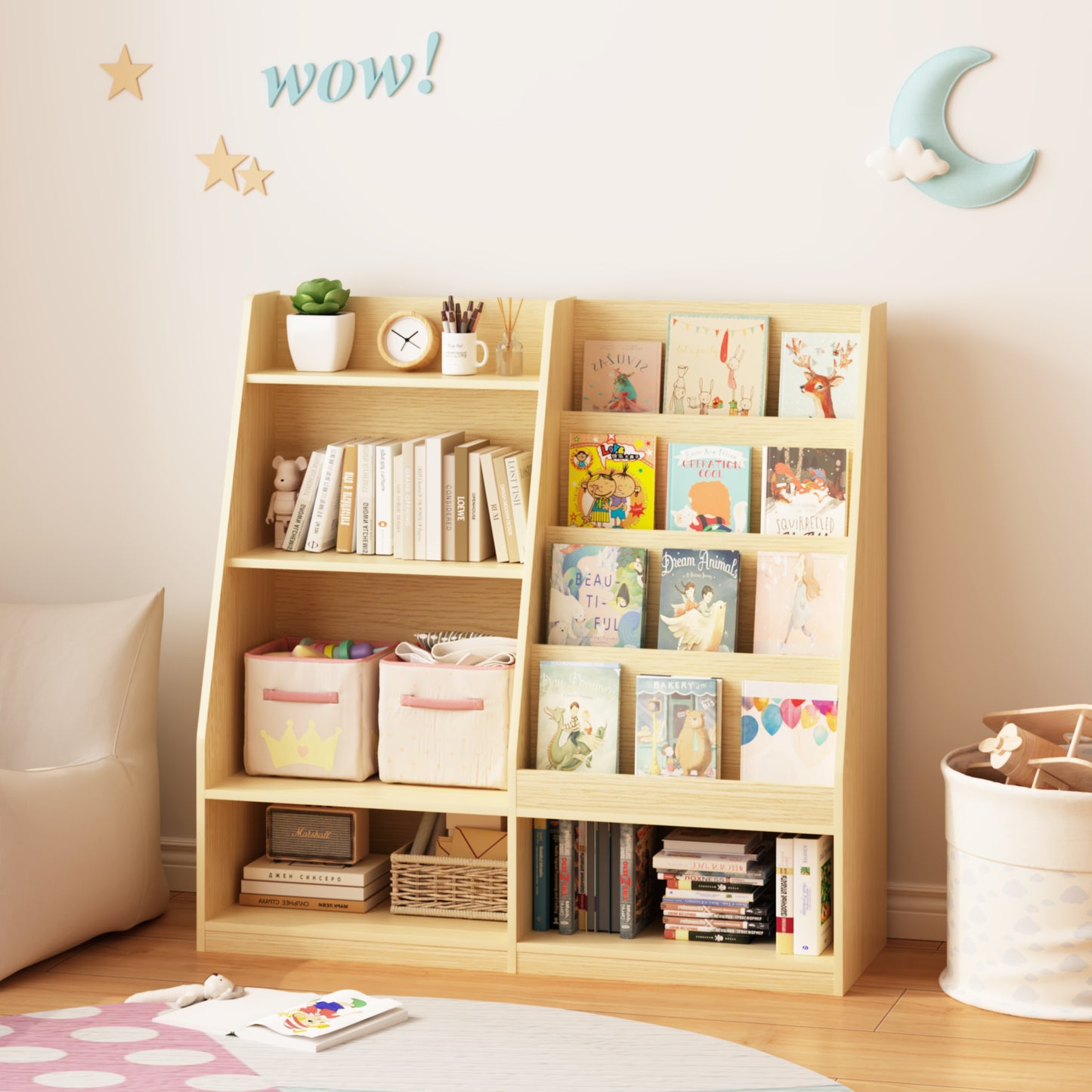 Kids Bookshelf And Toy Storage Organizer, Multifunctional 4 Tier
