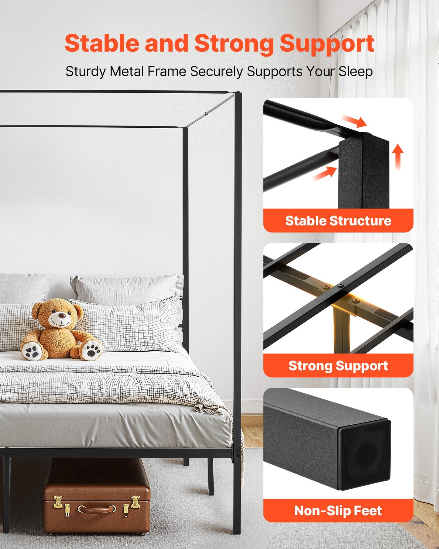King Size Metal Canopy Bed Frame with Storage and Charging Station - Black