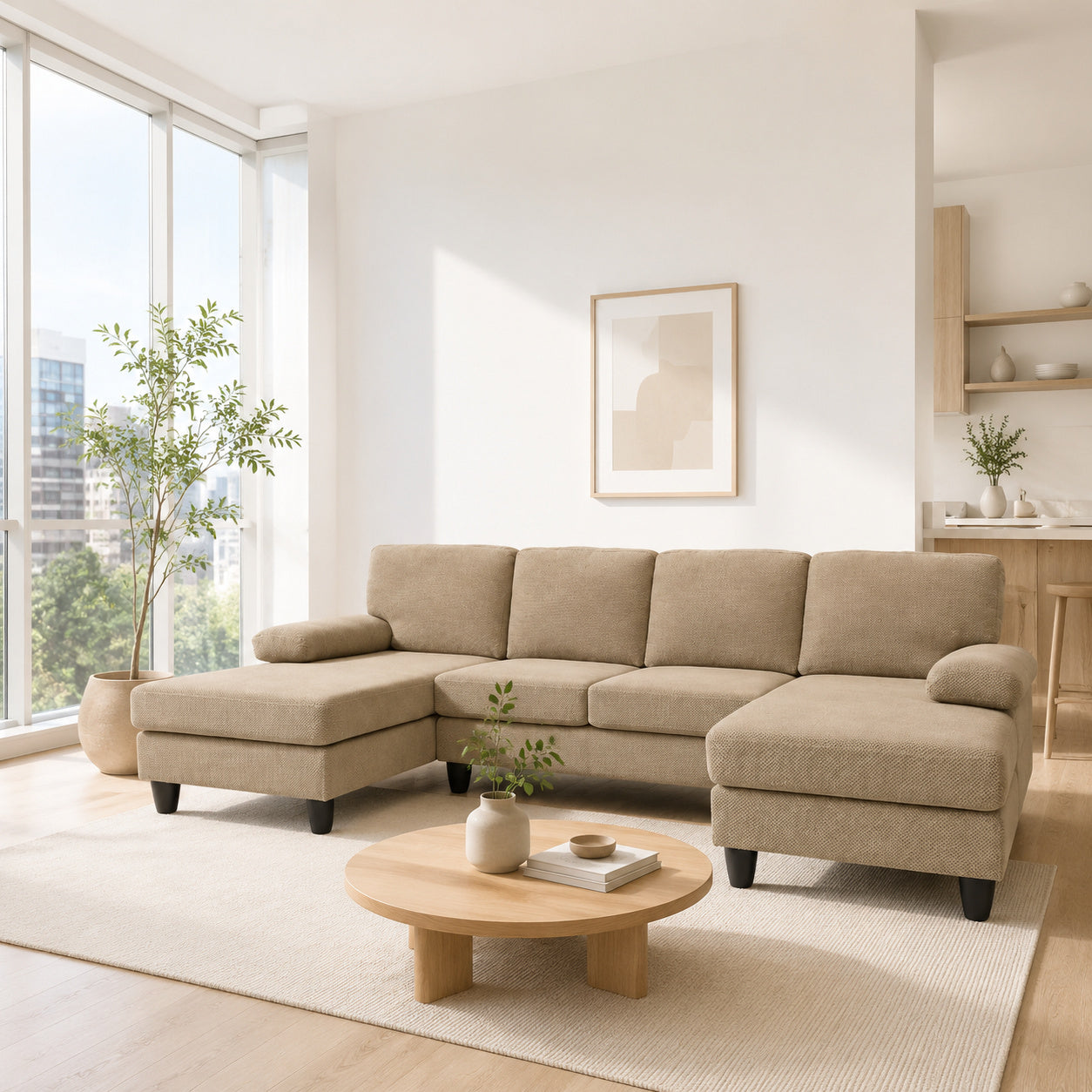 U-Shaped Sofa with Nubby Upholstery and Dual Chaise - Camel