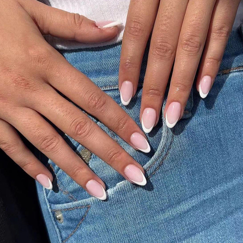 French White Edge Nail Stickers - 24pc Pink Press-On Set