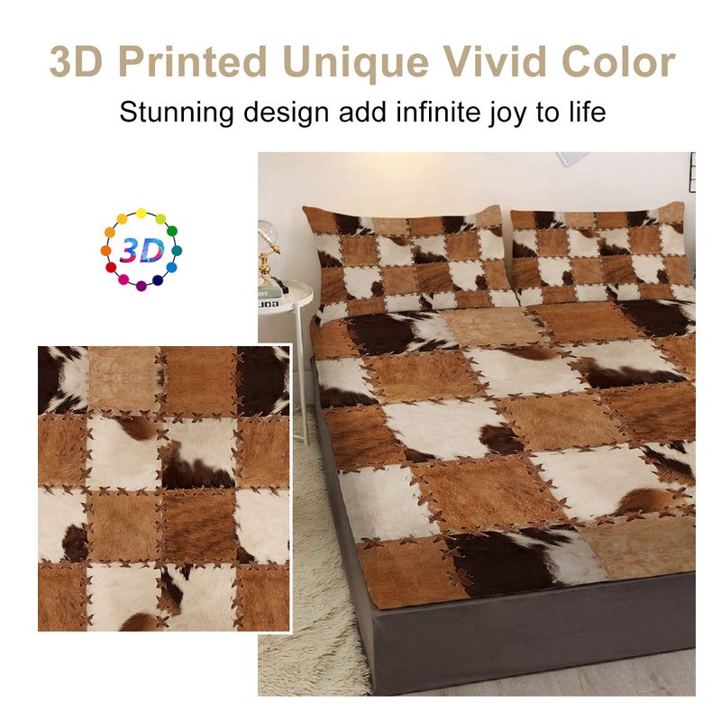King Size Deep Pocket Fitted Bed Sheet Set Brown Simulated Leather Print