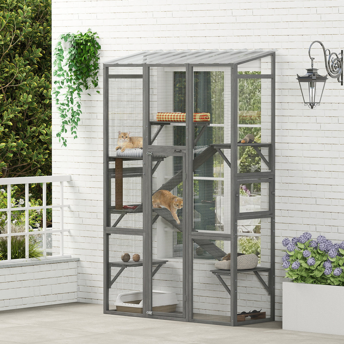 Large Wooden Outdoor Cat Enclosure with Platforms, Ramps & Scratching Post