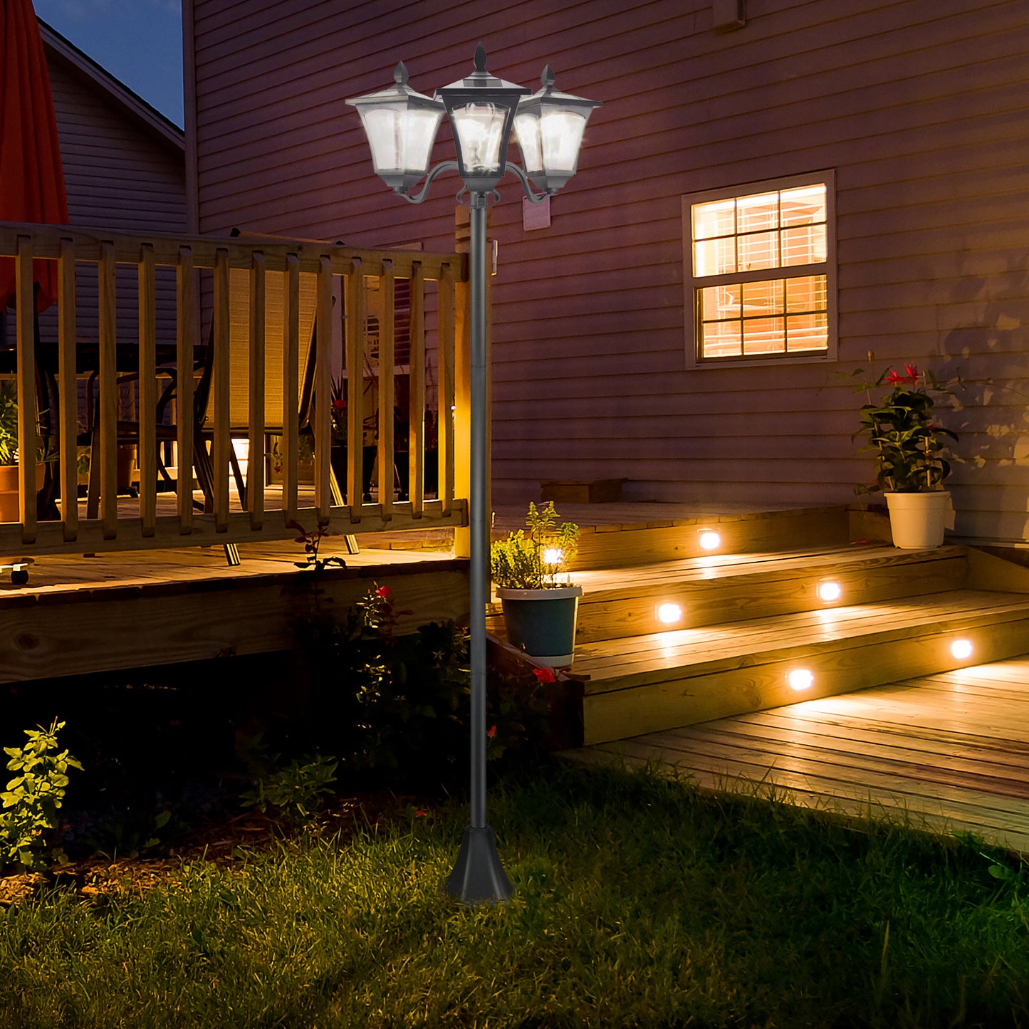 Solar Powered Outdoor Lamp Post Light - Triple Head, 72 Inches
