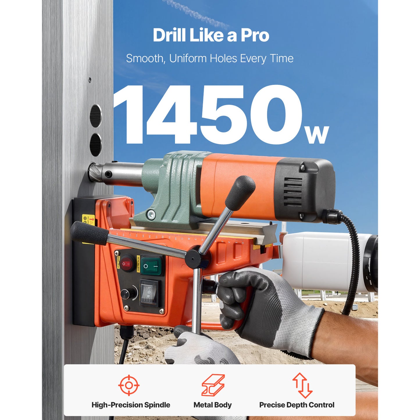 Magnetic Drilling Machine 1450W Portable Electric Drill Press with 6 Bits