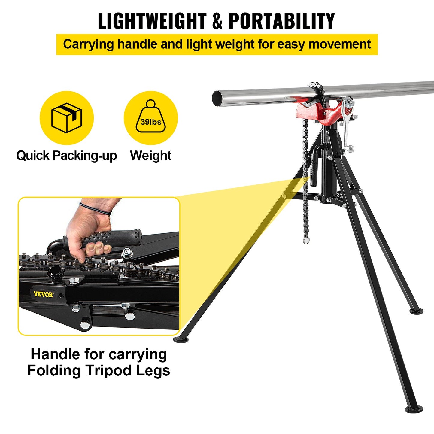 Tripod Pipe Chain Vise - Adjustable Pipe Support with Folding Steel Legs, 1/8-5 Inches Capacity