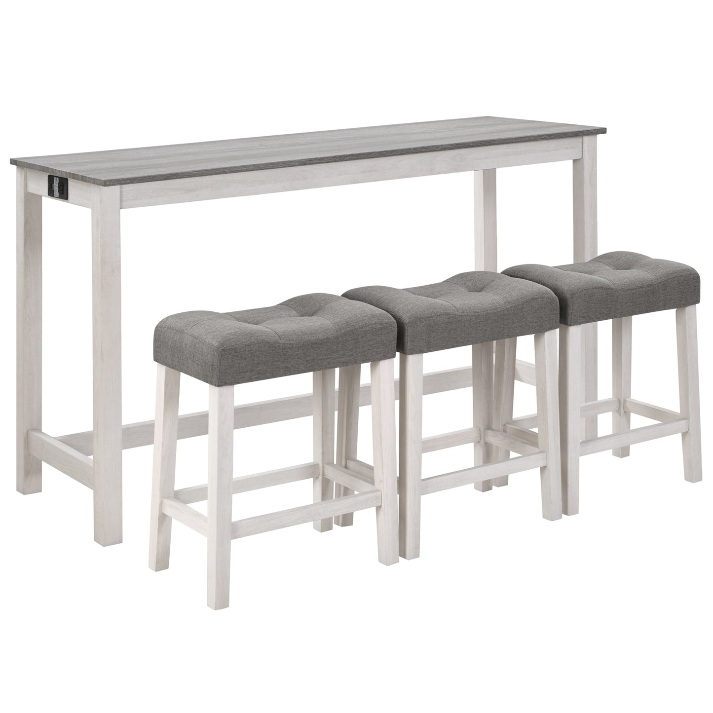 Bar Table Set with Power Outlet & 3 Padded Stools - Grey & White
