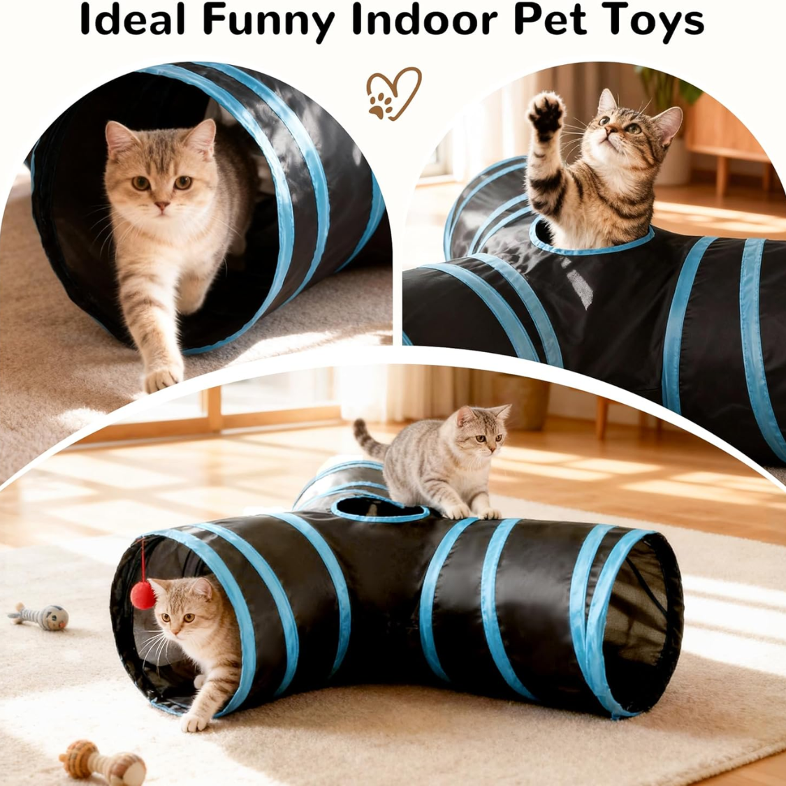 Collapsible Cat Tunnel Tube Toys for Indoor Cats with Peek Holes & Teaser Wand