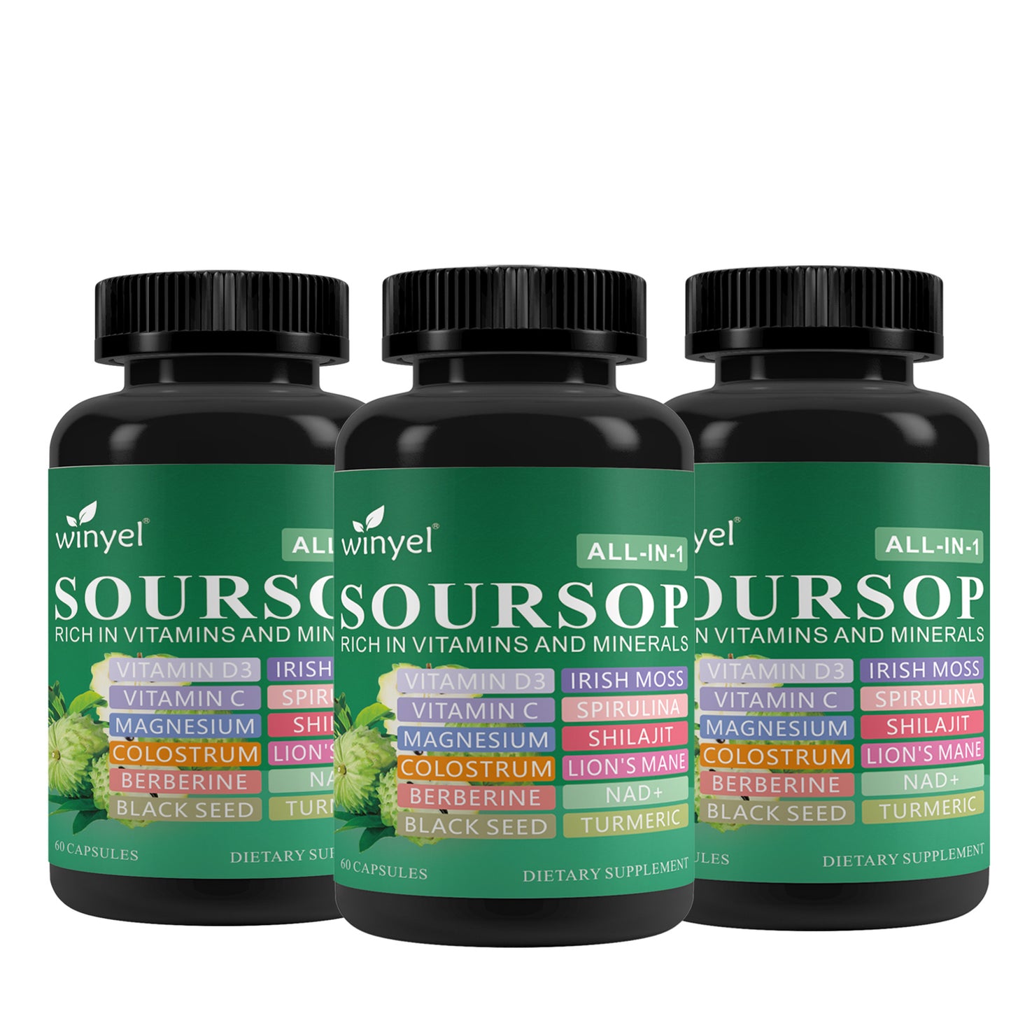 Soursop Herbal Supplement with Lion's Mane & Turmeric - 60 Vegan Capsules